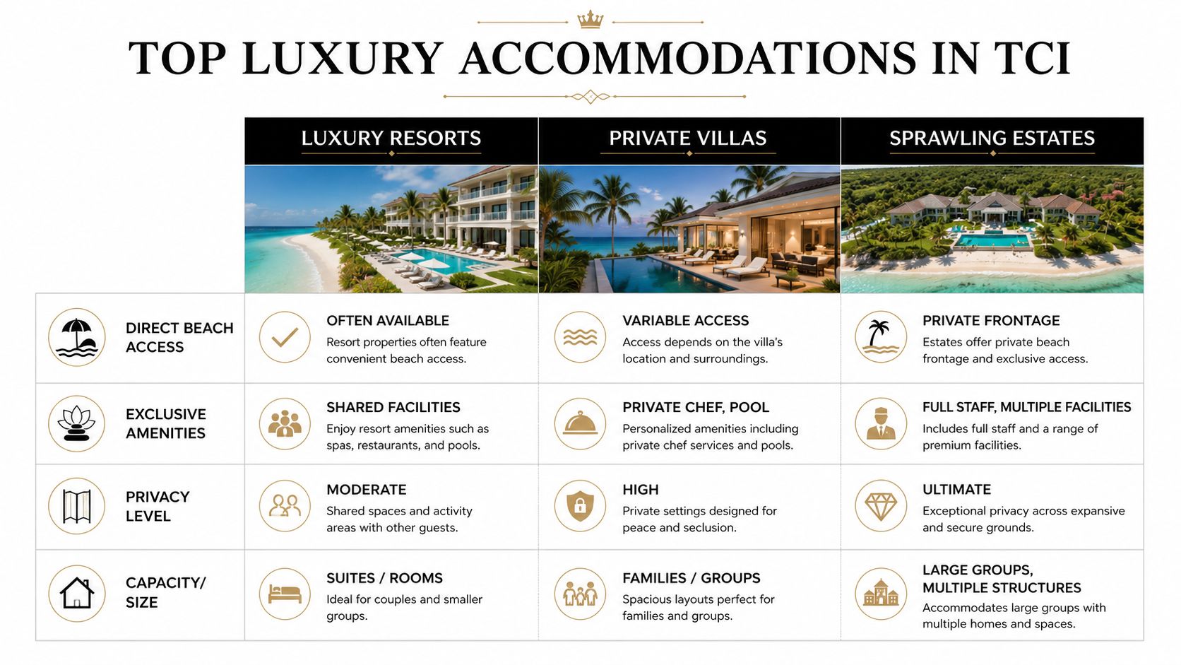 A comparison chart outlining luxury accommodation options in Turks and Caicos, including resorts, villas, and sprawling estates.