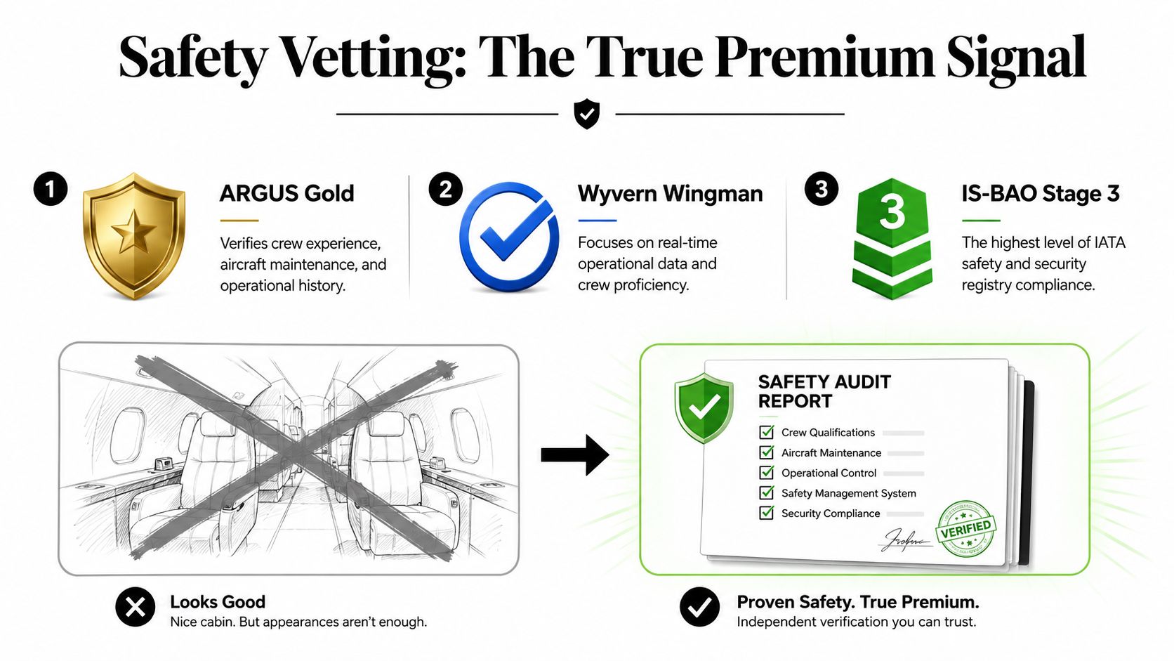 An infographic illustrating three key safety certifications for private jet travel versus simply relying on cabin appearance.