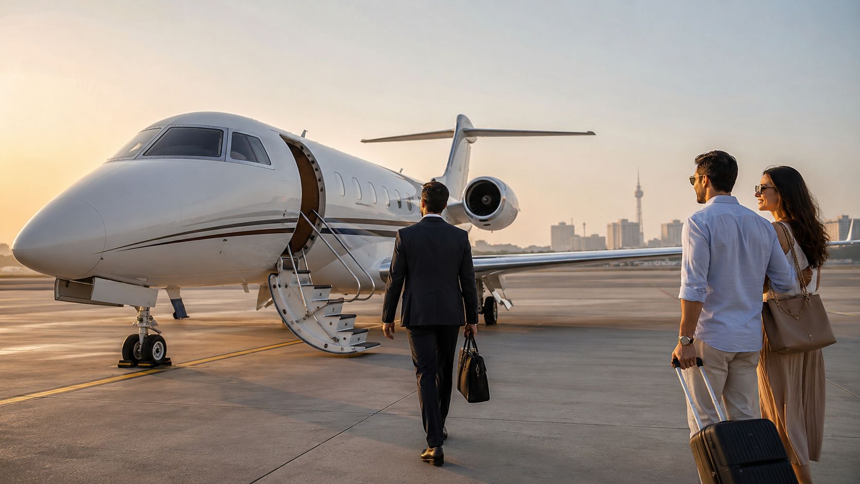 A professional chauffeur walking towards a private jet followed by a stylish couple at an airport.