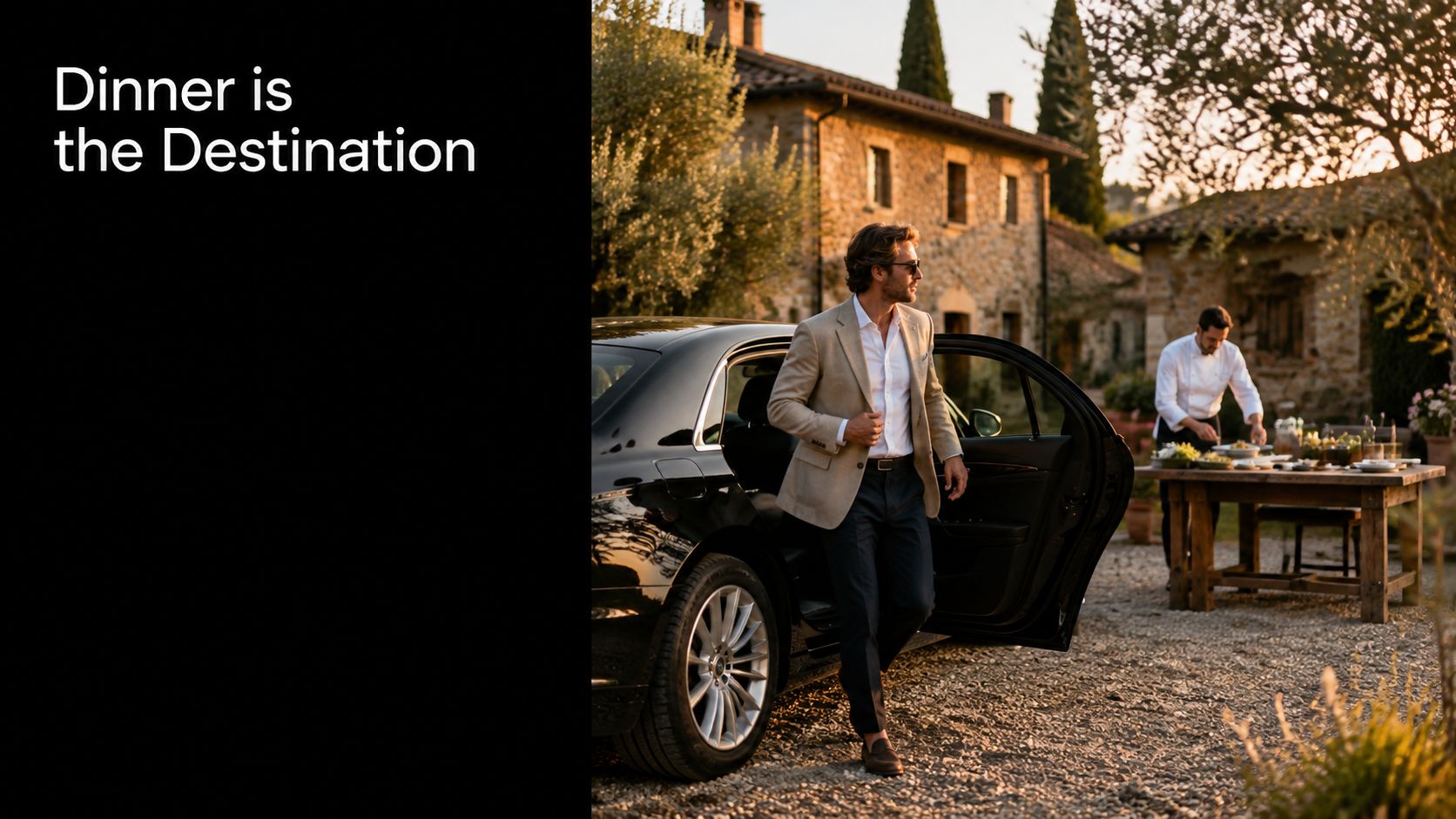 A well-dressed man exiting a luxury car at an outdoor rustic fine dining location in Italy.