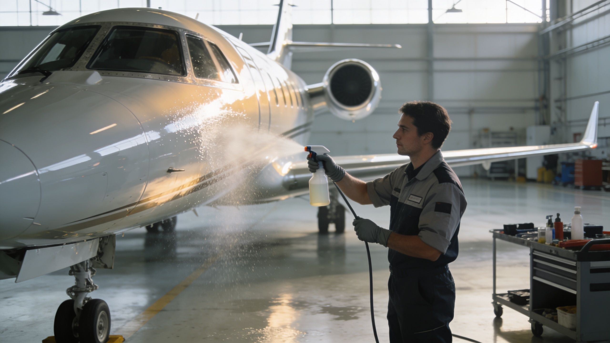 A technician wearing a uniform sprays a cleaning agent on the fuselage of a private jet inside a hangar.