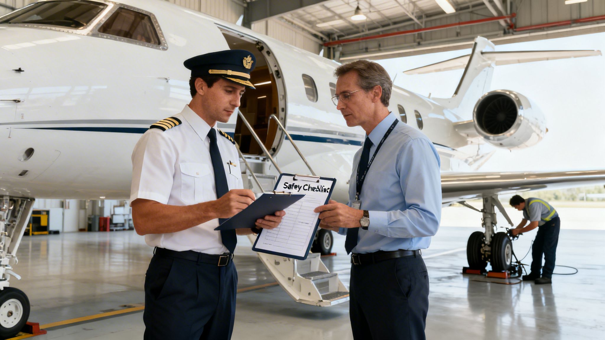 Pilot and ground crew member review a safety checklist next to a private jet in a hangar.