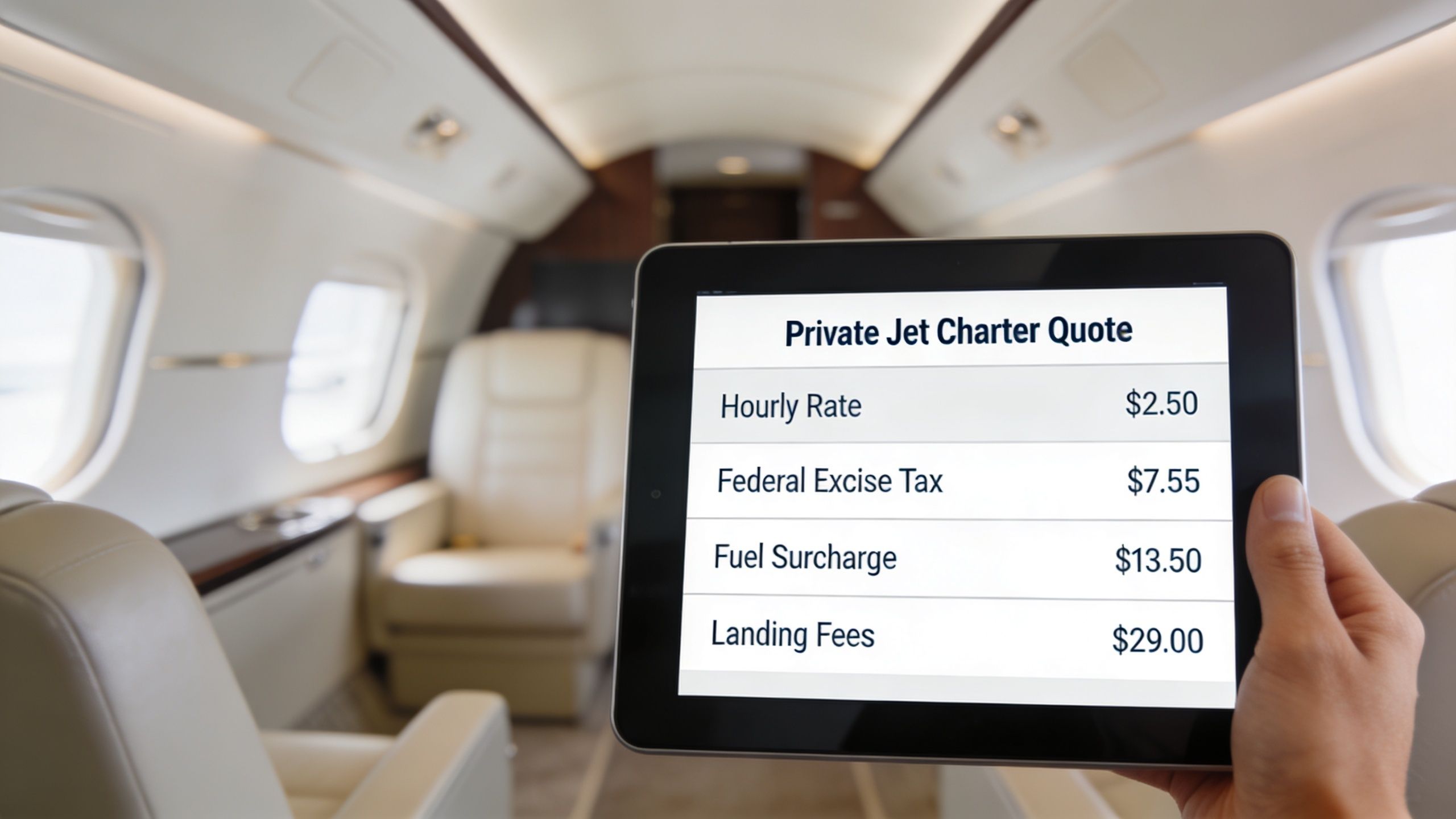 A hand holding a tablet displaying a Private Jet Charter Quote with various itemized costs.