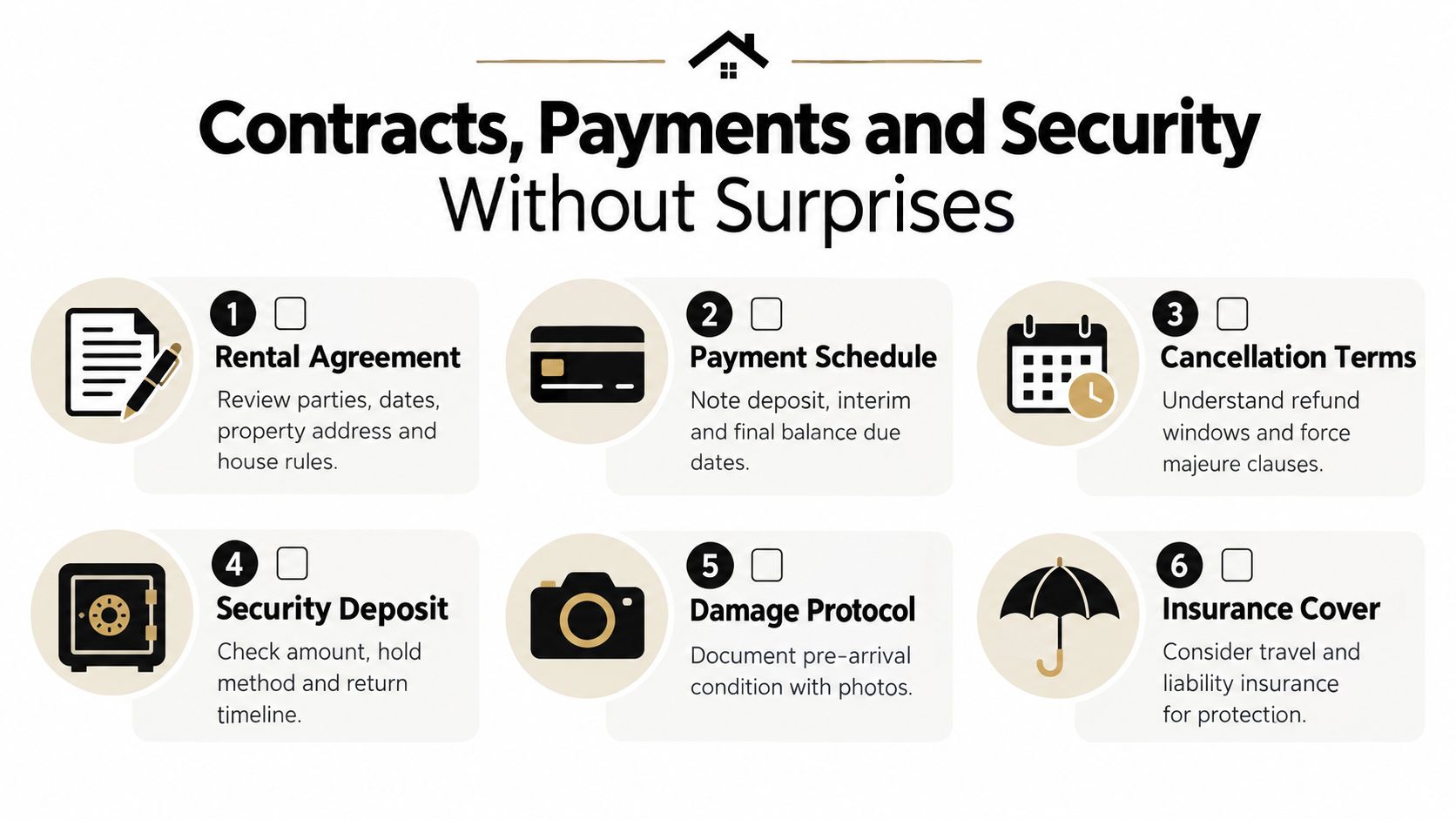 A checklist infographic detailing six essential steps for booking private villas, including contracts, payments, and security procedures.