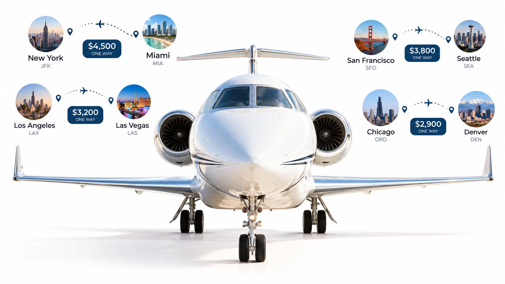 A modern private jet with infographics showing flight routes and one-way pricing between major U.S. cities.