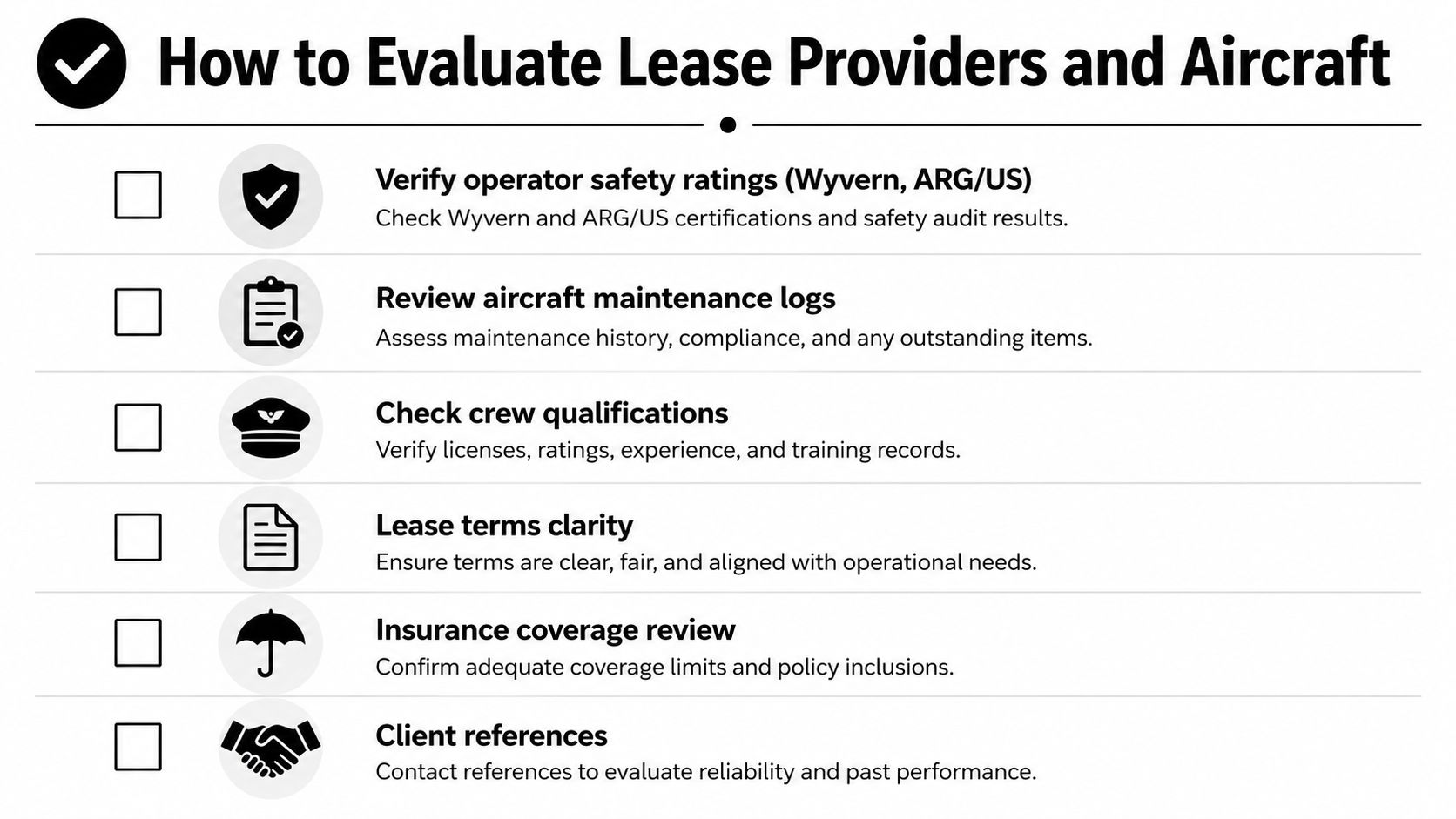 A checklist infographic titled How to Evaluate Lease Providers and Aircraft with six important professional criteria.