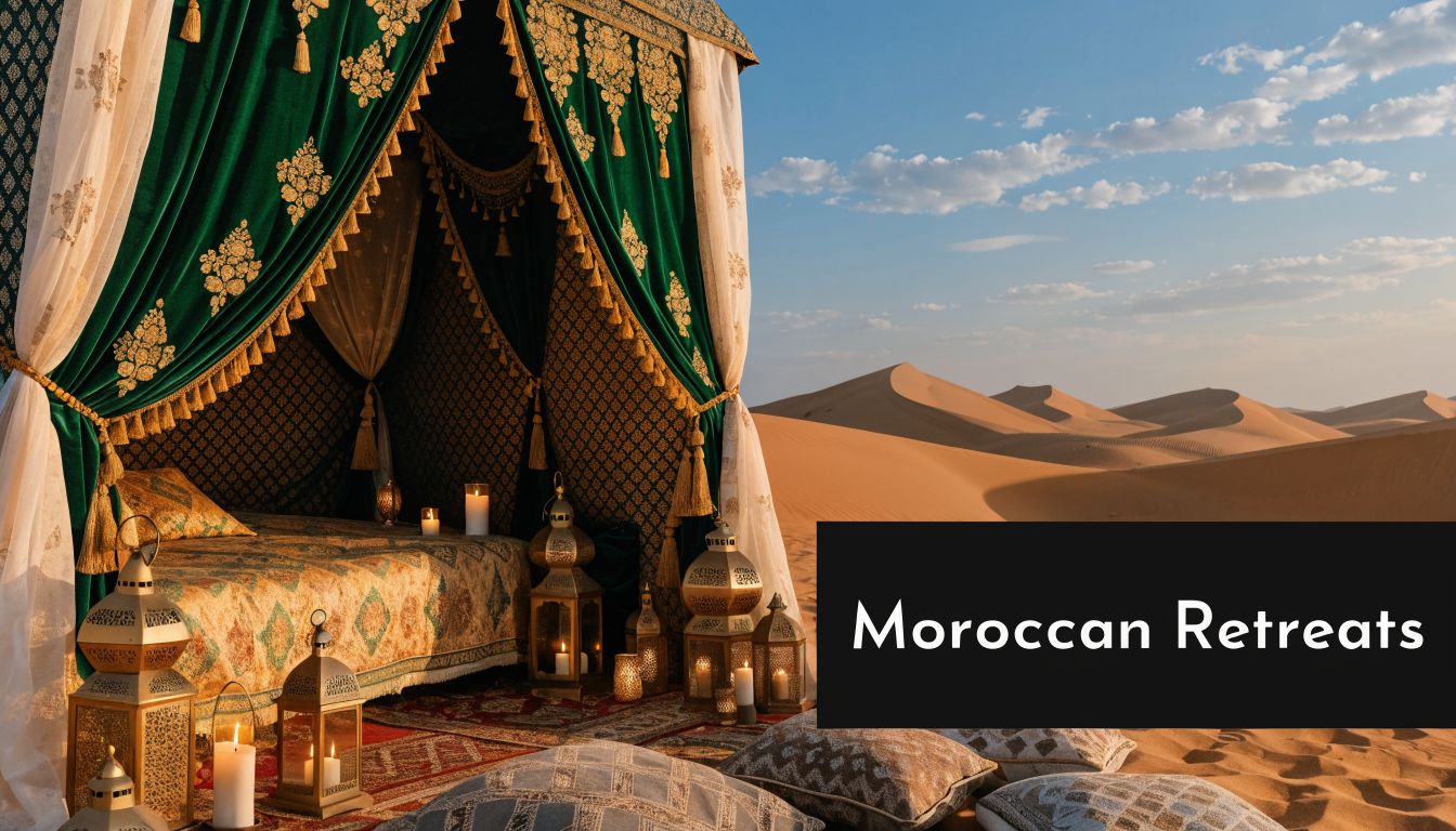 A luxurious tented bedroom setup with ornate lanterns in the middle of the Sahara desert dunes.