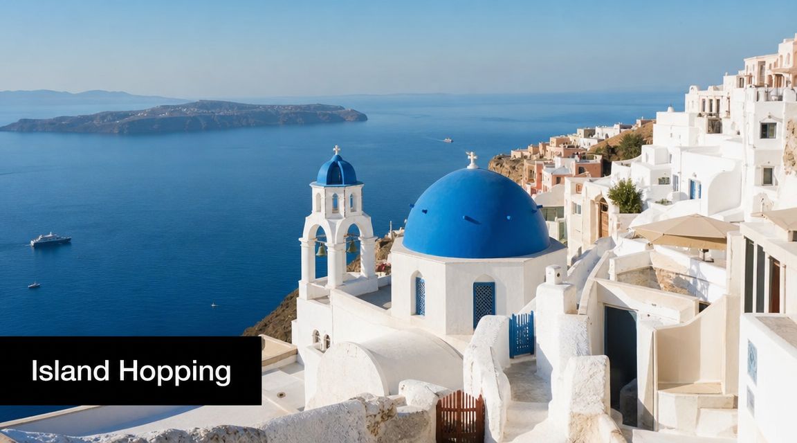 A scenic view of blue domed churches overlooking the Aegean Sea in Santorini, Greece during a sunny day.
