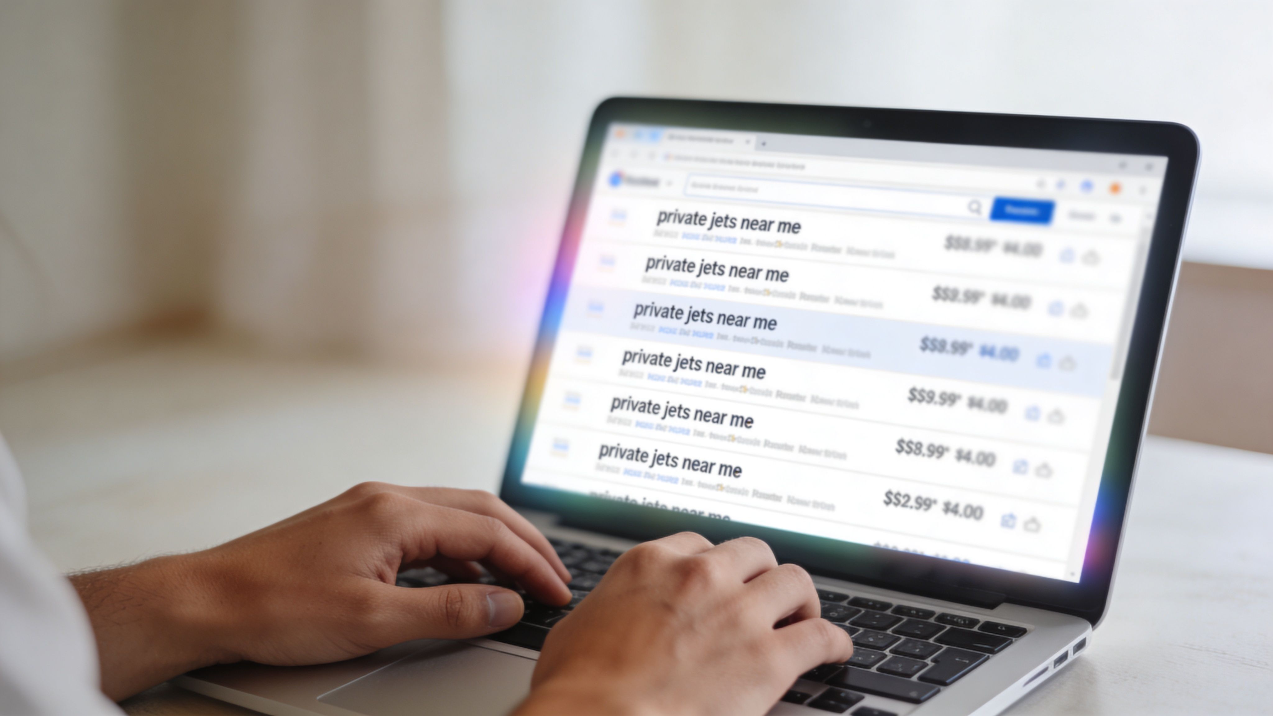 A person typing on a laptop computer with private jets near me search results visible on screen.