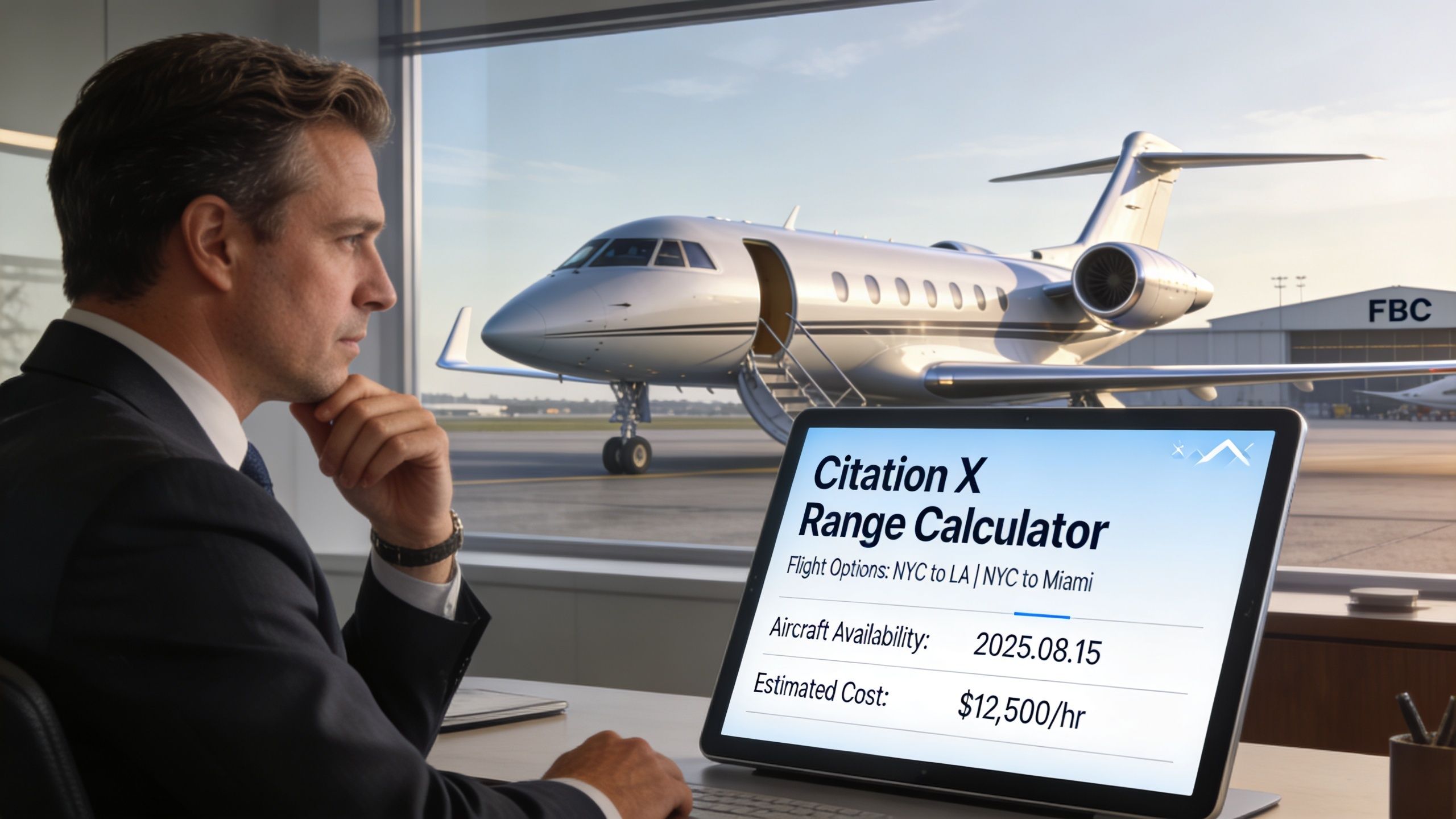 A businessman sits at a desk looking at a laptop displaying a Citation X range calculator screen.