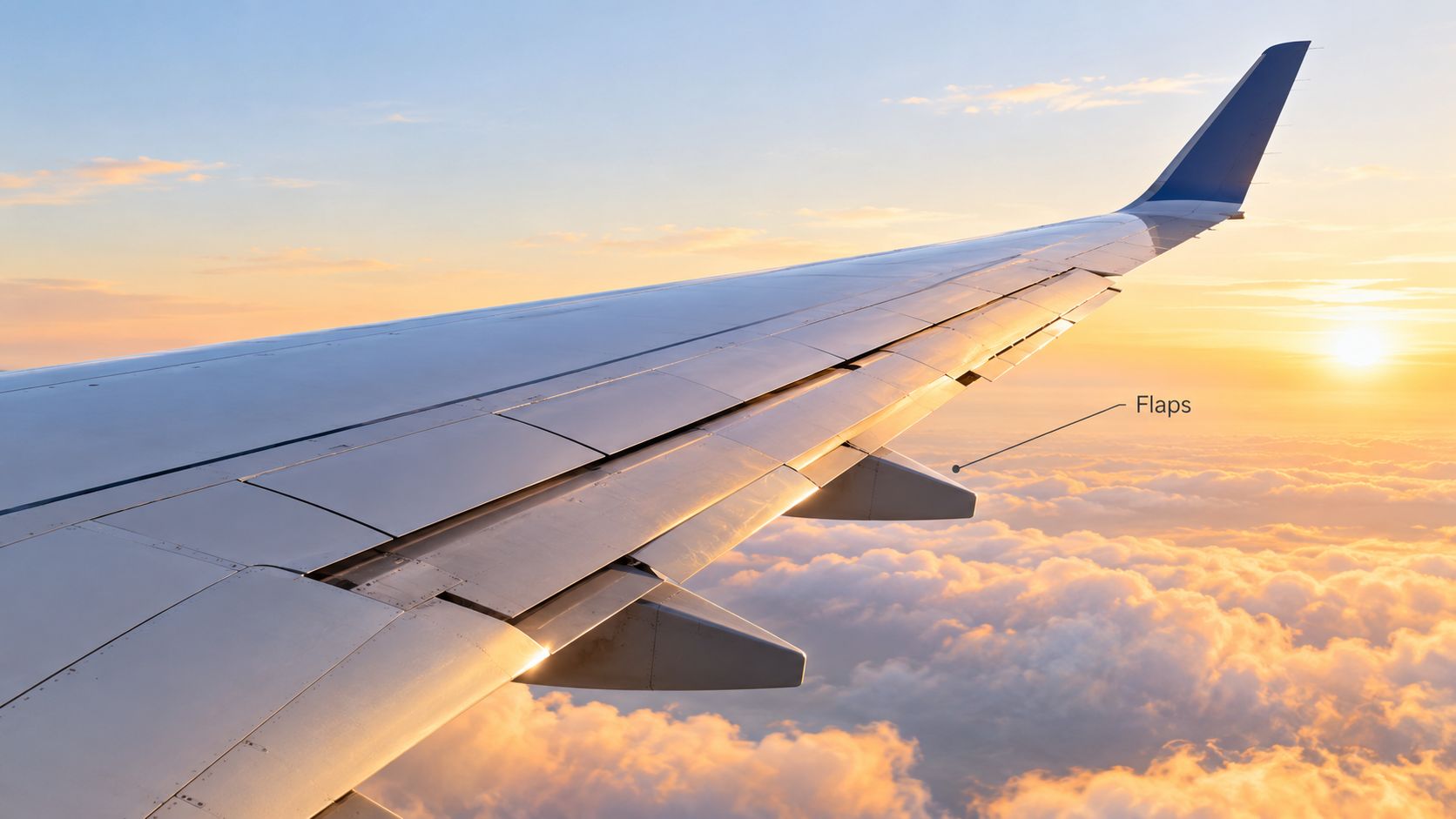 An aerial view of an airplane wing during sunset with a label pointing to the flaps.