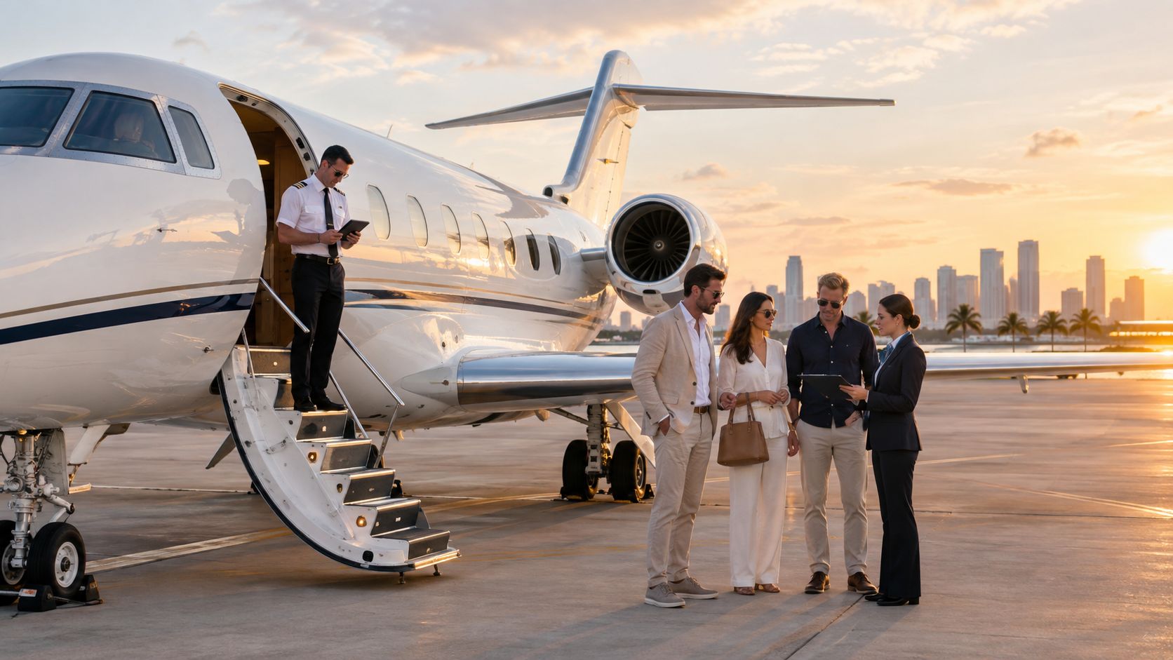 A professional pilot and flight attendant assist passengers preparing for a private jet flight in Miami.