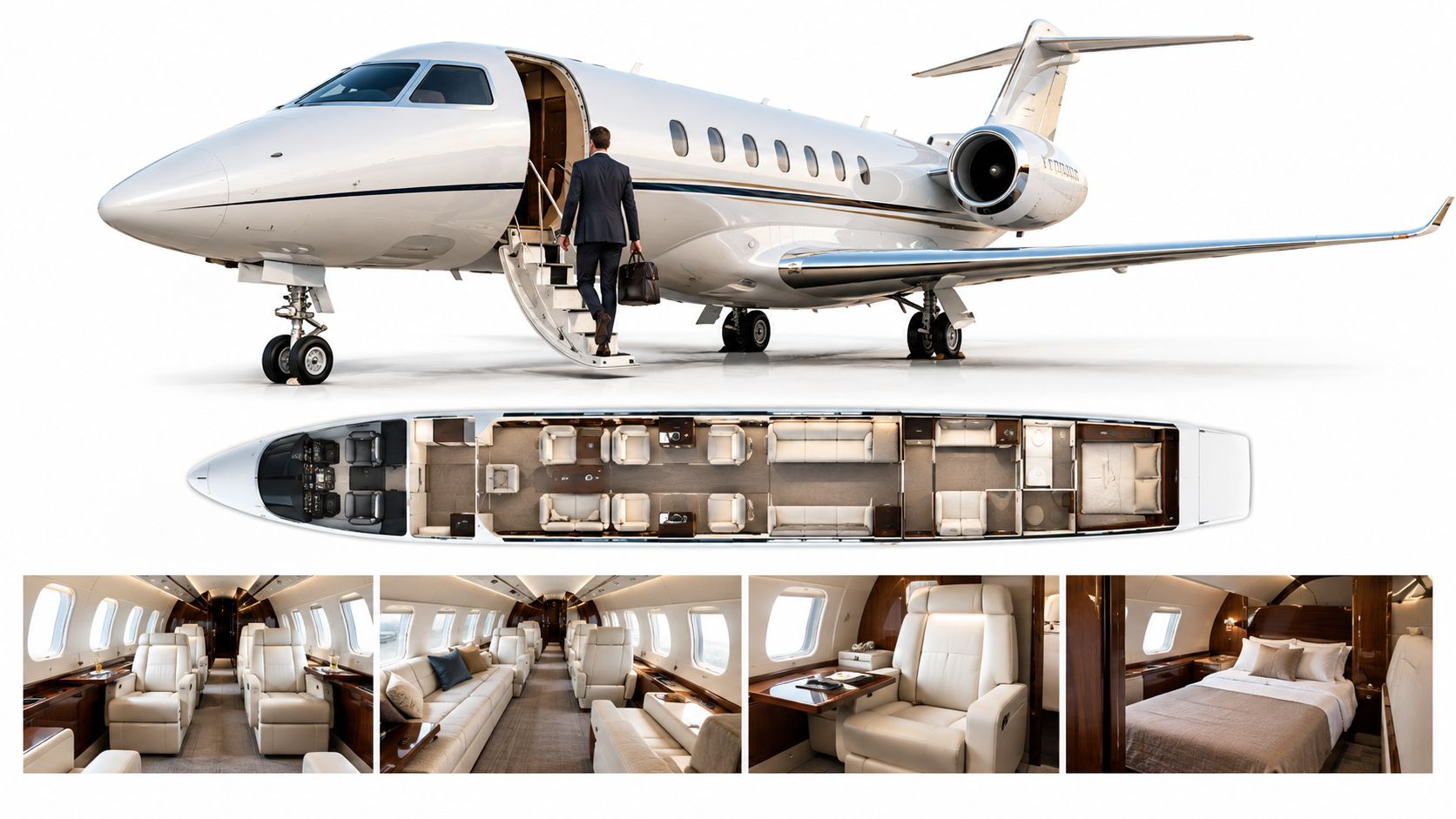 A luxurious private jet shown with its exterior, internal floor plan, and high-end cabin interior views.