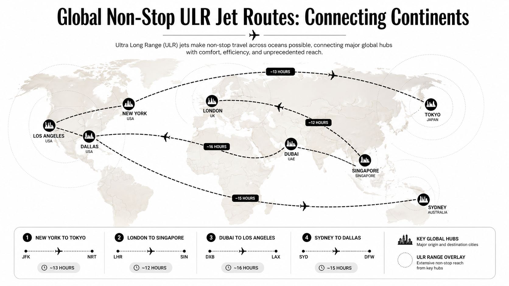 A map showing global non-stop ultra long range jet routes between major international cities and travel durations.