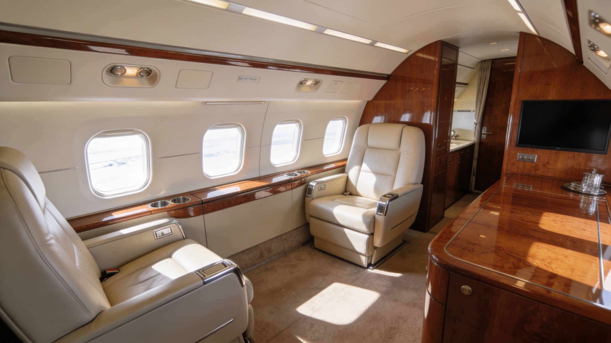 Luxurious beige leather seats in a private jet cabin with wood paneling and natural sunlight streaming inside.