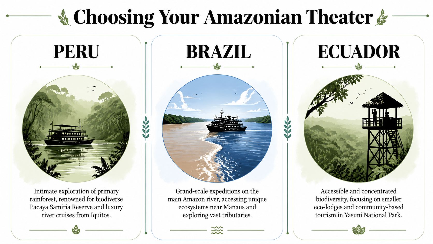 An infographic comparing travel experiences in the Amazon regions of Peru, Brazil, and Ecuador for potential tourists.
