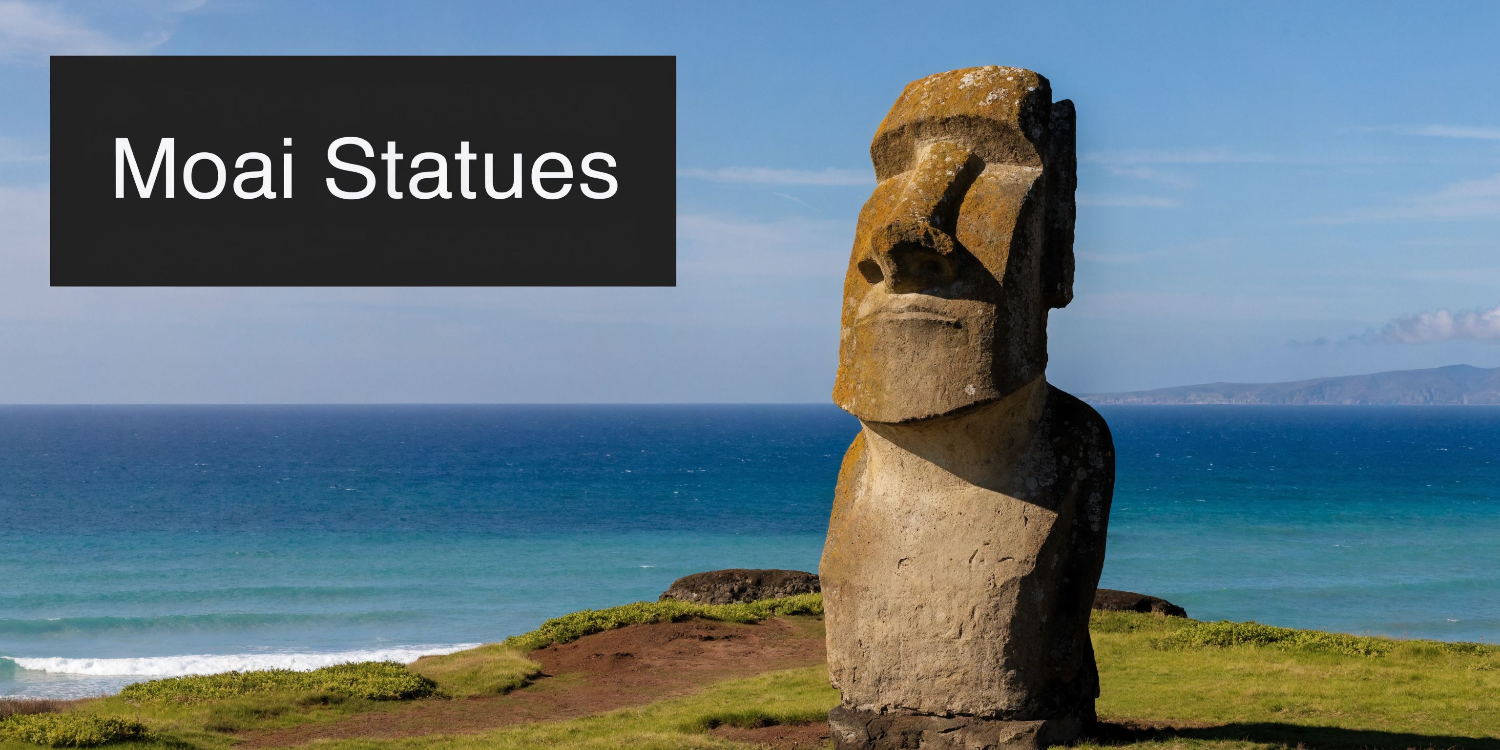 A monolithic stone Moai statue stands on a grassy cliff overlooking the blue Pacific Ocean in Chile.