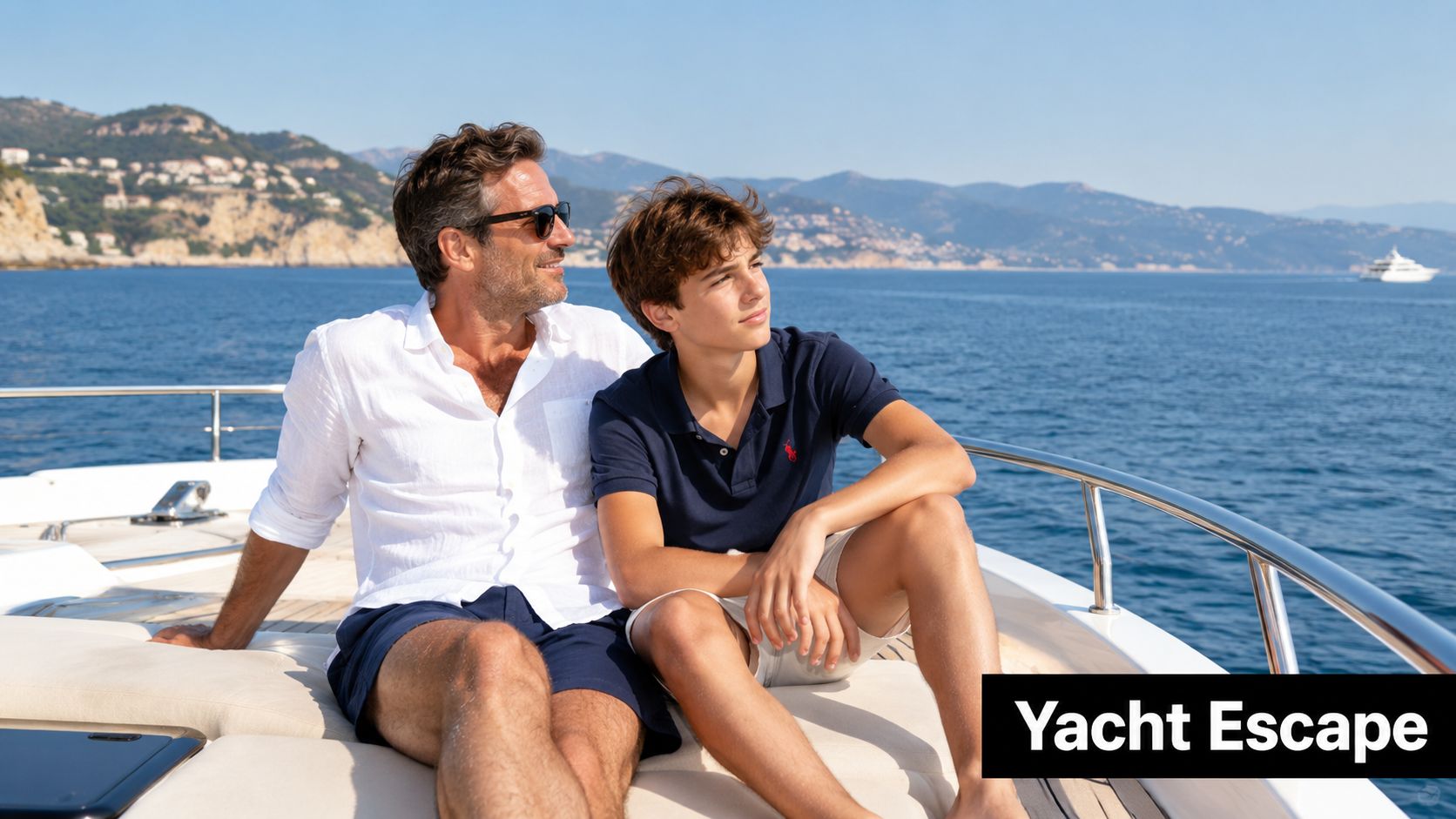 A father and son sitting together on a luxurious yacht deck while enjoying a sunny day at sea.