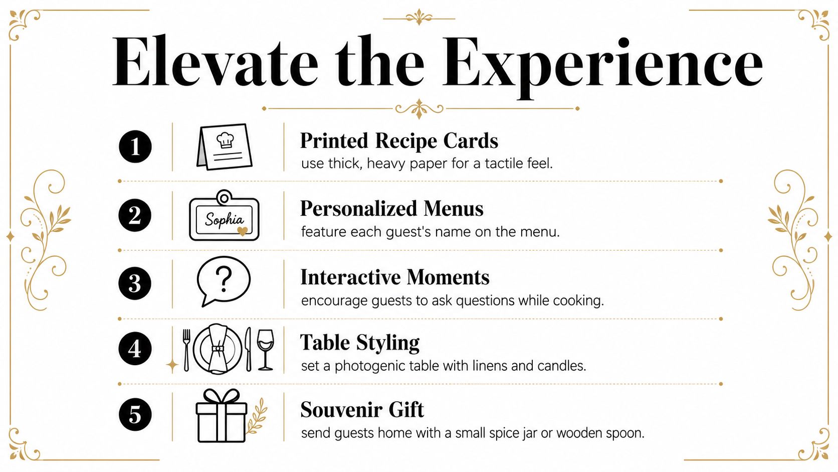 A list of five tips to elevate the experience of hosting private chef cooking lessons for guests.