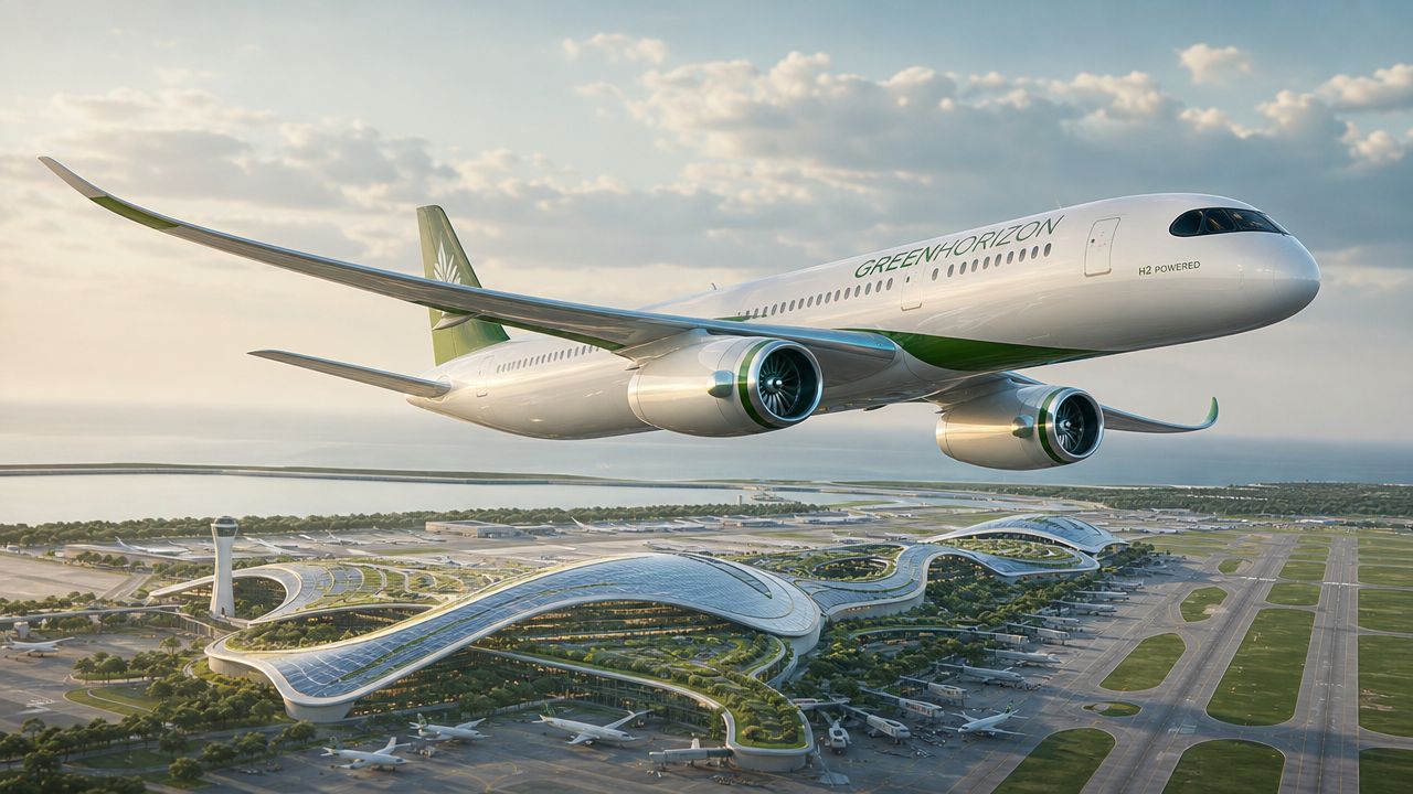 A sleek, hydrogen-powered GreenHorizon airplane flying above a modern, eco-friendly airport terminal with lush greenery.