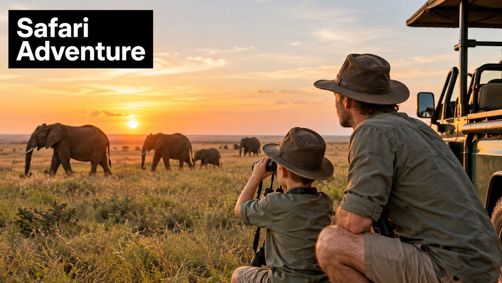 A father and son wearing safari hats watch elephants during a beautiful sunset on their adventure.