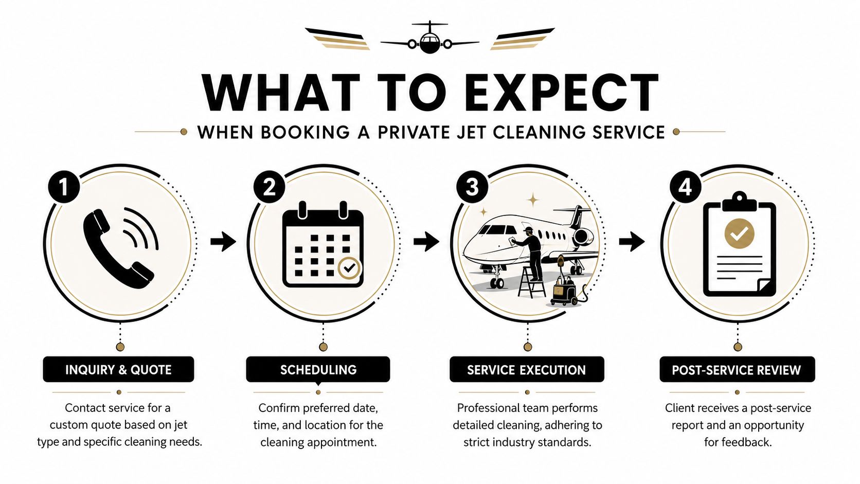 A step-by-step infographic showing the process of booking a professional private jet cleaning service.