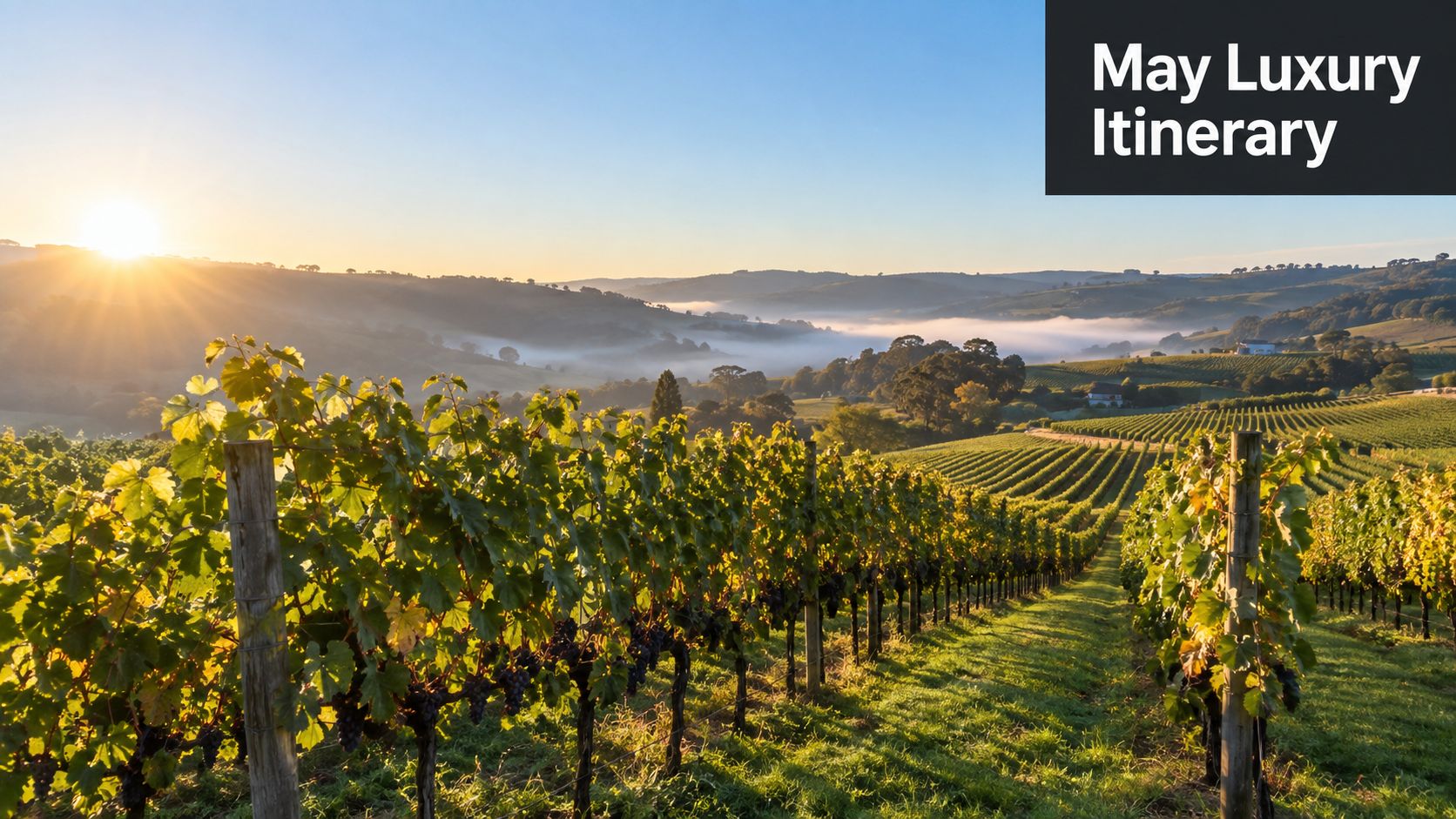 A scenic view of a vineyard at sunrise with rolling hills and mist in the valley