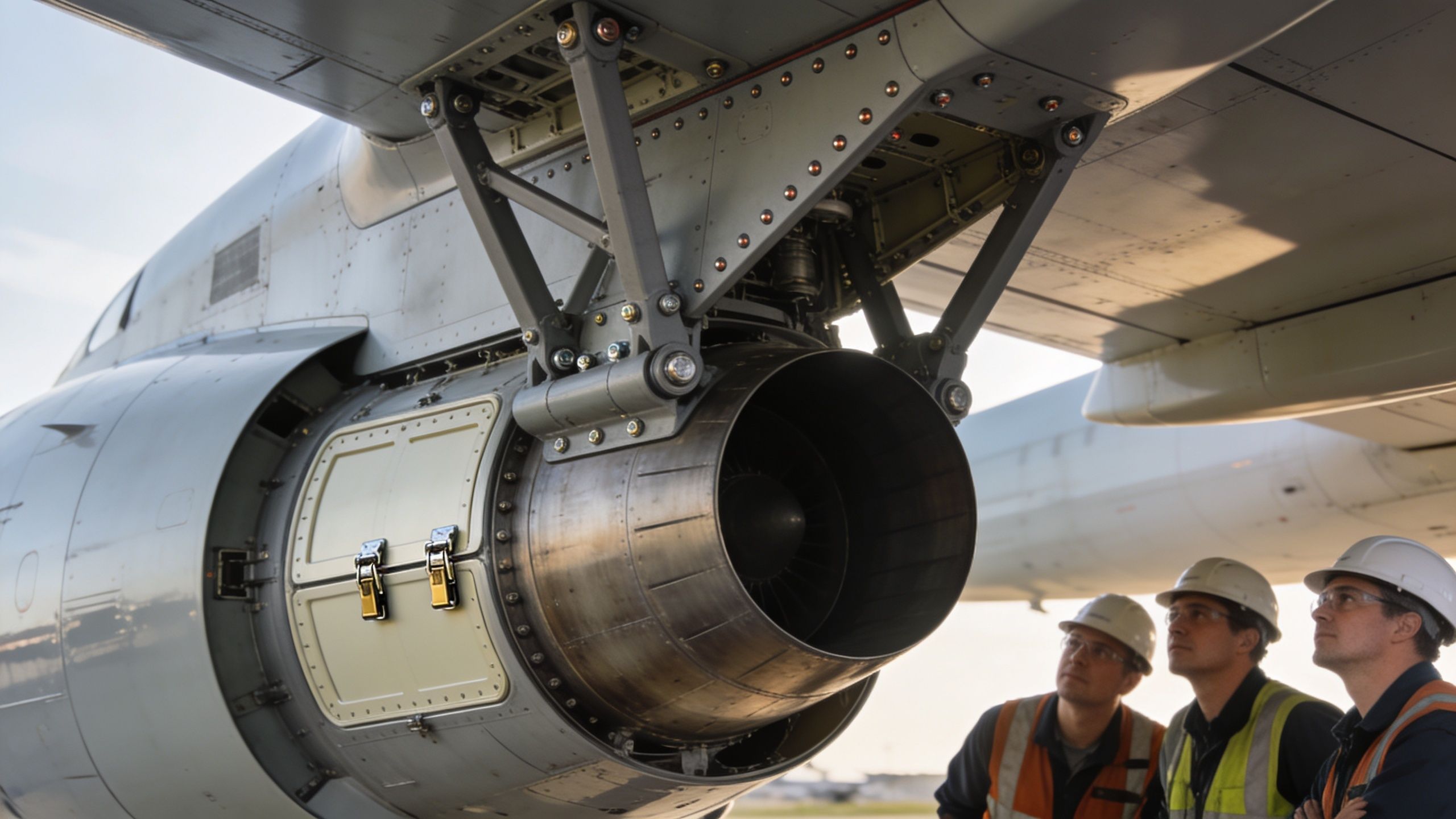 Aviation technicians inspecting the rear mounted engines of an airplane during a maintenance check at an airport.
