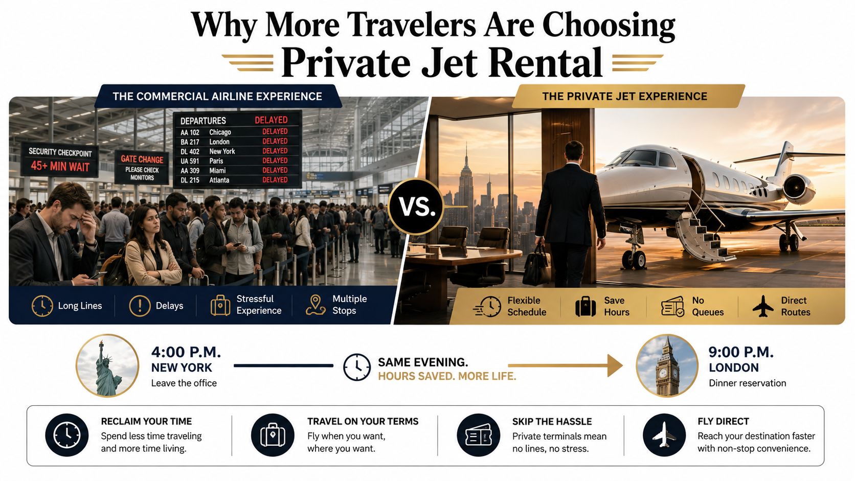 A comparative infographic illustrating the convenience and time-saving benefits of private jet rental over commercial air travel.