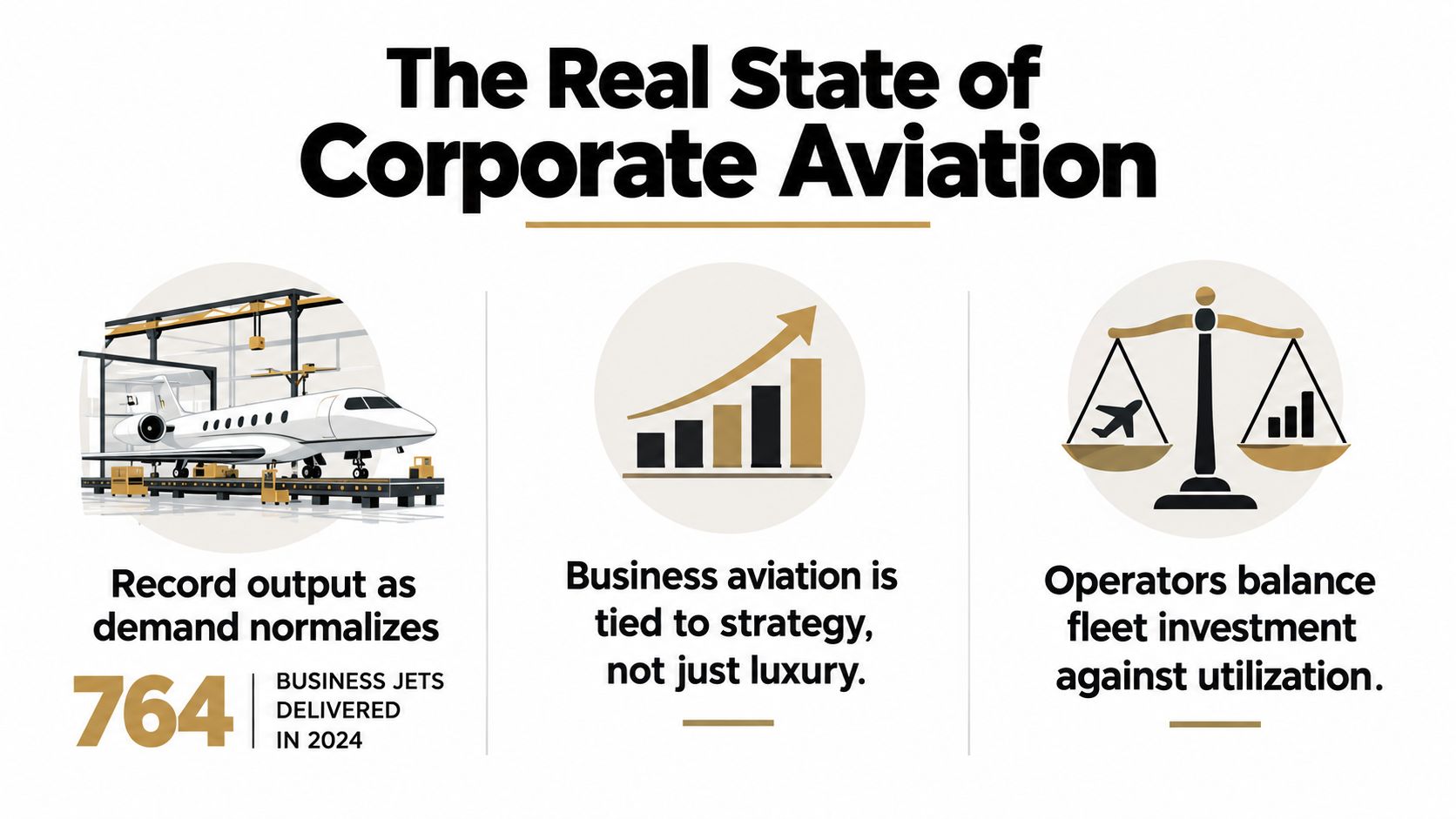 An infographic titled The Real State of Corporate Aviation, highlighting business jet deliveries and industry trends.