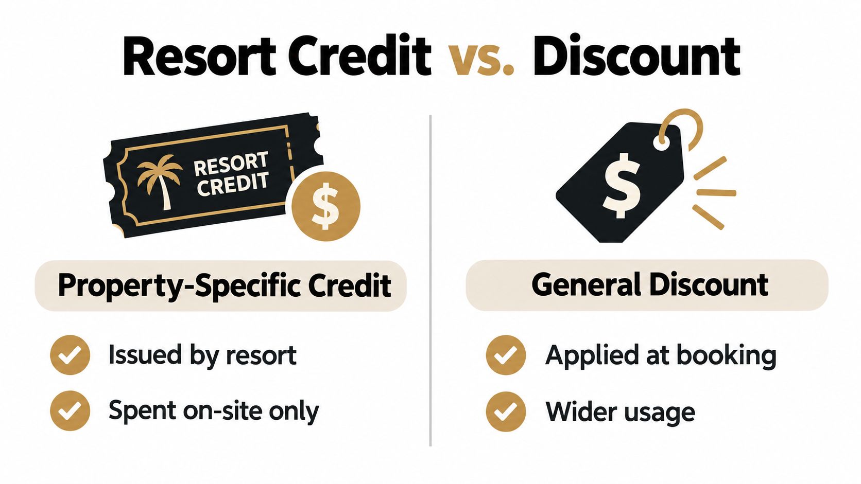 A comparison graphic showing the differences between a resort credit and a general travel discount.