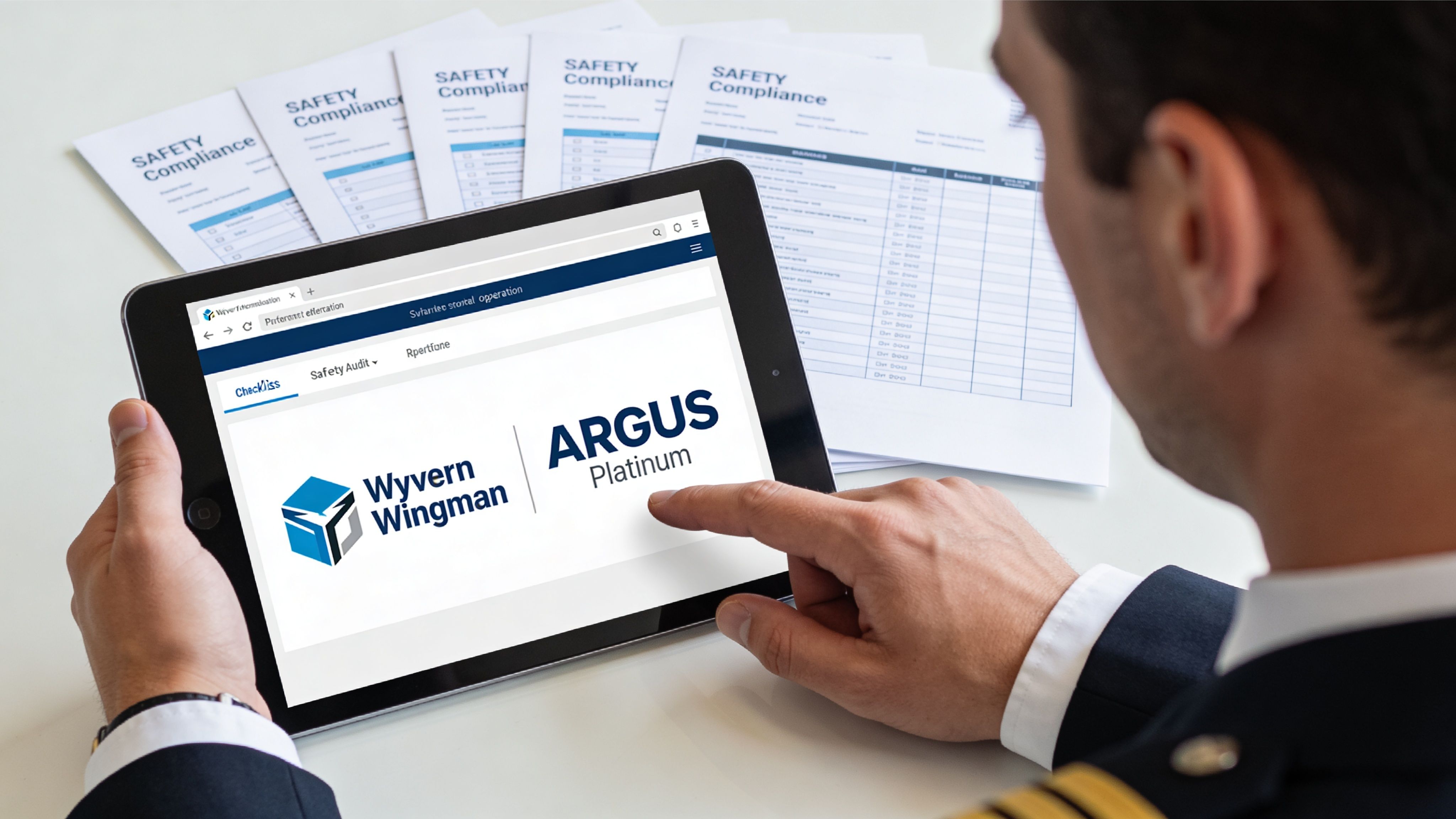 A pilot wearing a uniform reviews aviation safety compliance documentation on a tablet computer in an office.