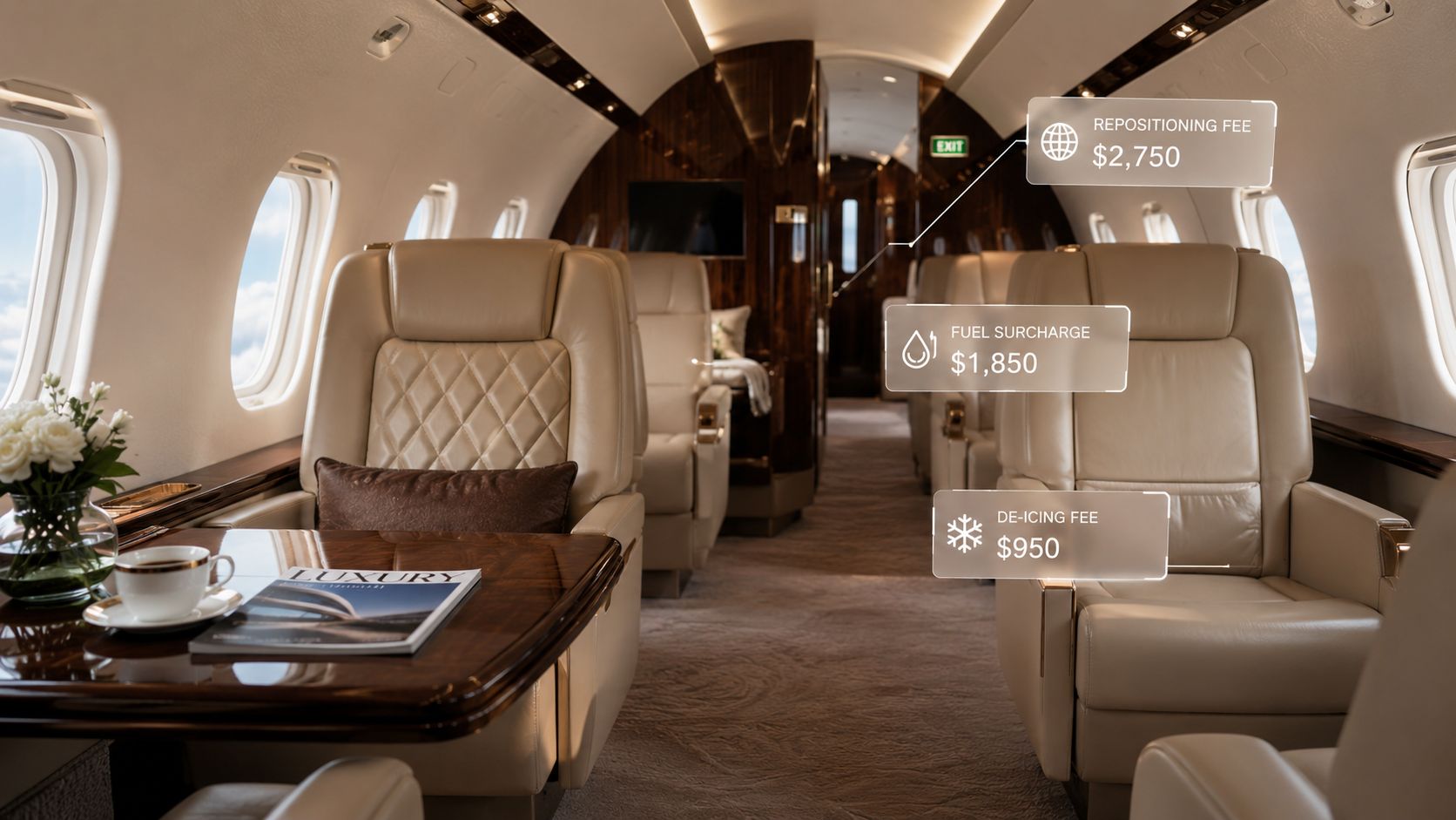 The luxurious leather-appointed cabin interior of a private jet with digital floating cost fee overlays.