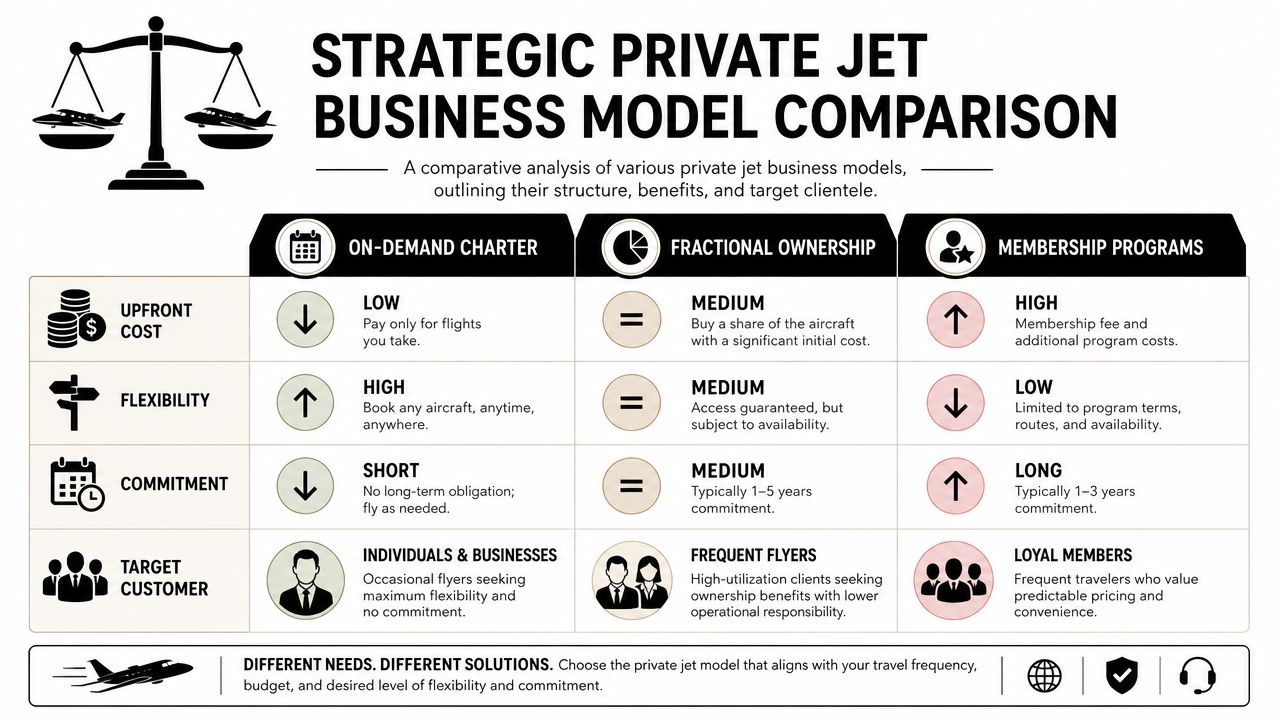 A comparison chart outlining the business models for private jet travel, including on-demand charter, fractional ownership, and membership.
