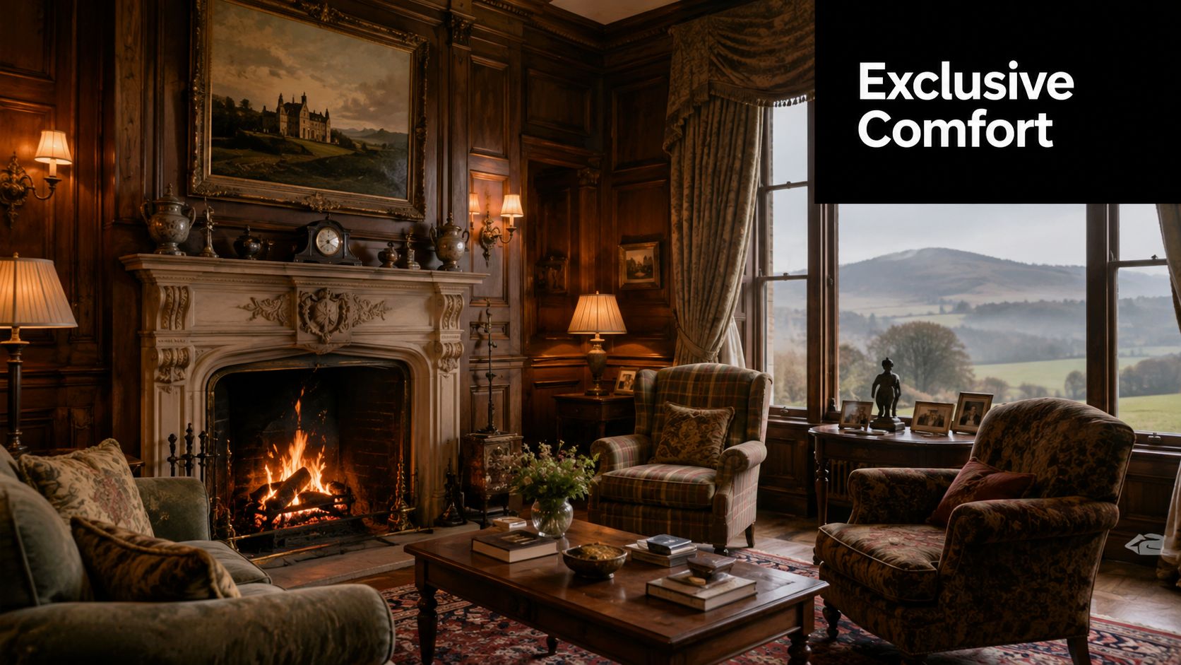 A luxurious, traditional wood-paneled lounge with a fireplace, comfortable armchairs, and scenic mountain views through large windows.