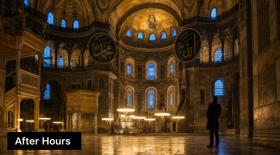 A silhouette of a man standing inside the grand, dimly lit, and historic Hagia Sophia in Istanbul.