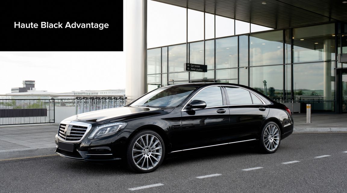 A sleek black luxury sedan parked in front of a modern airport terminal building.
