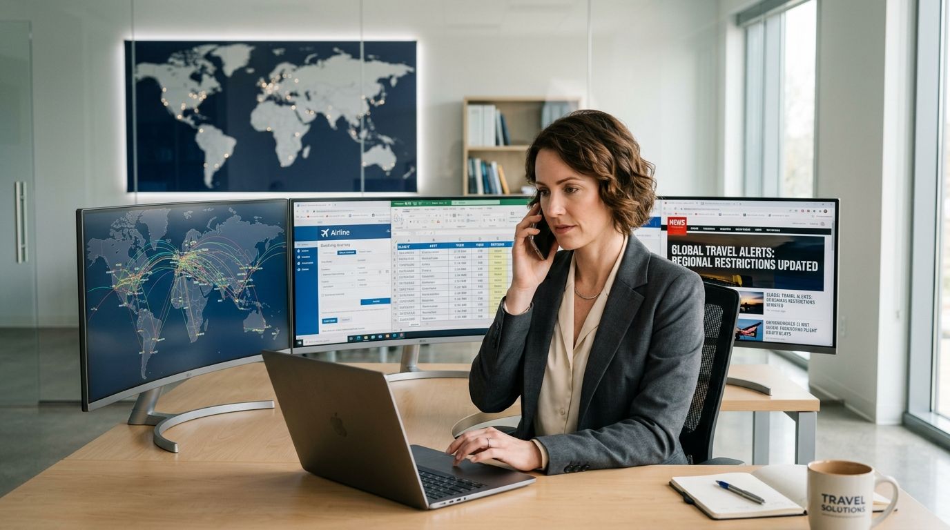 A professional female travel manager works at a desk with multiple monitors analyzing flight routes and travel restrictions.