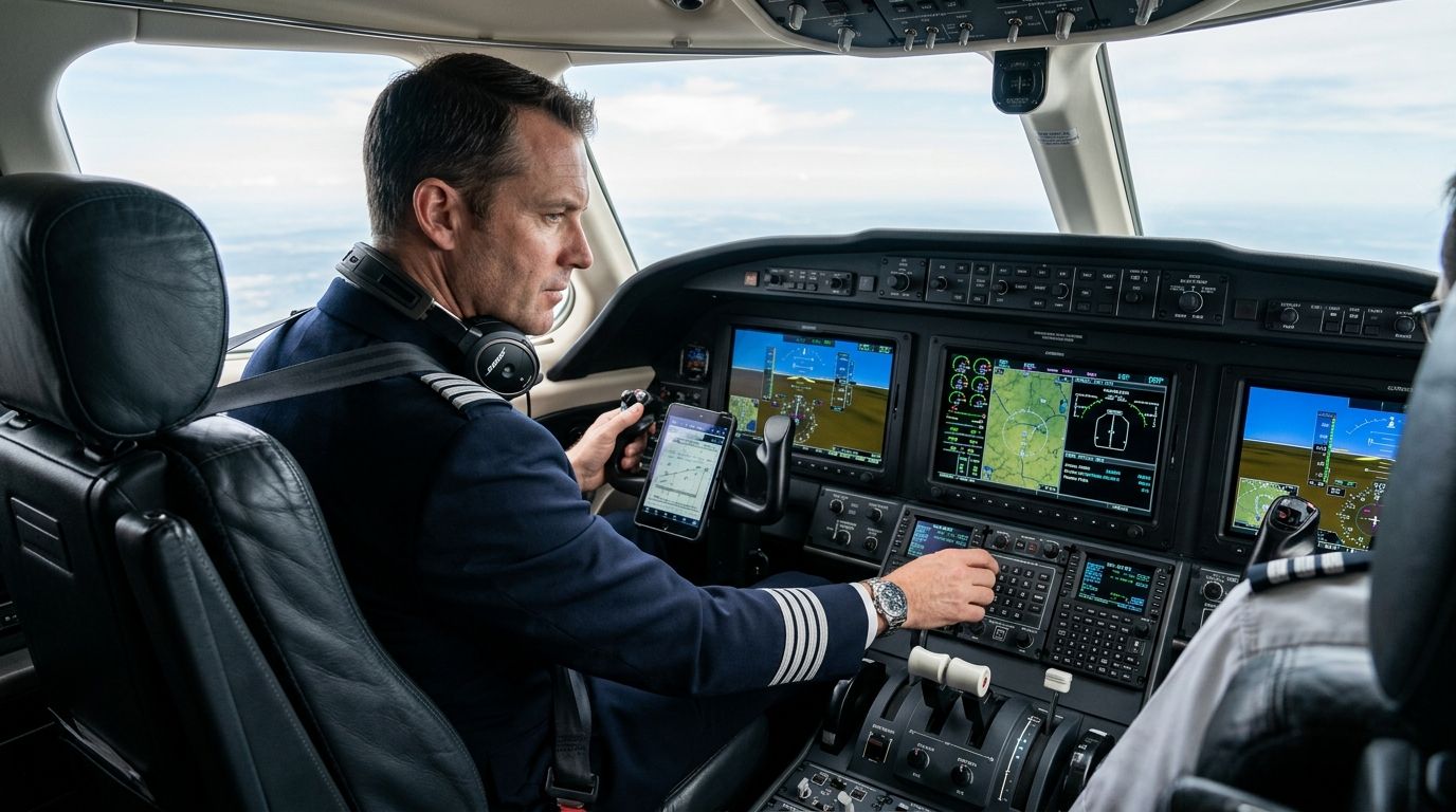 A professional pilot flying a modern private jet, monitoring navigation displays in the cockpit during flight.