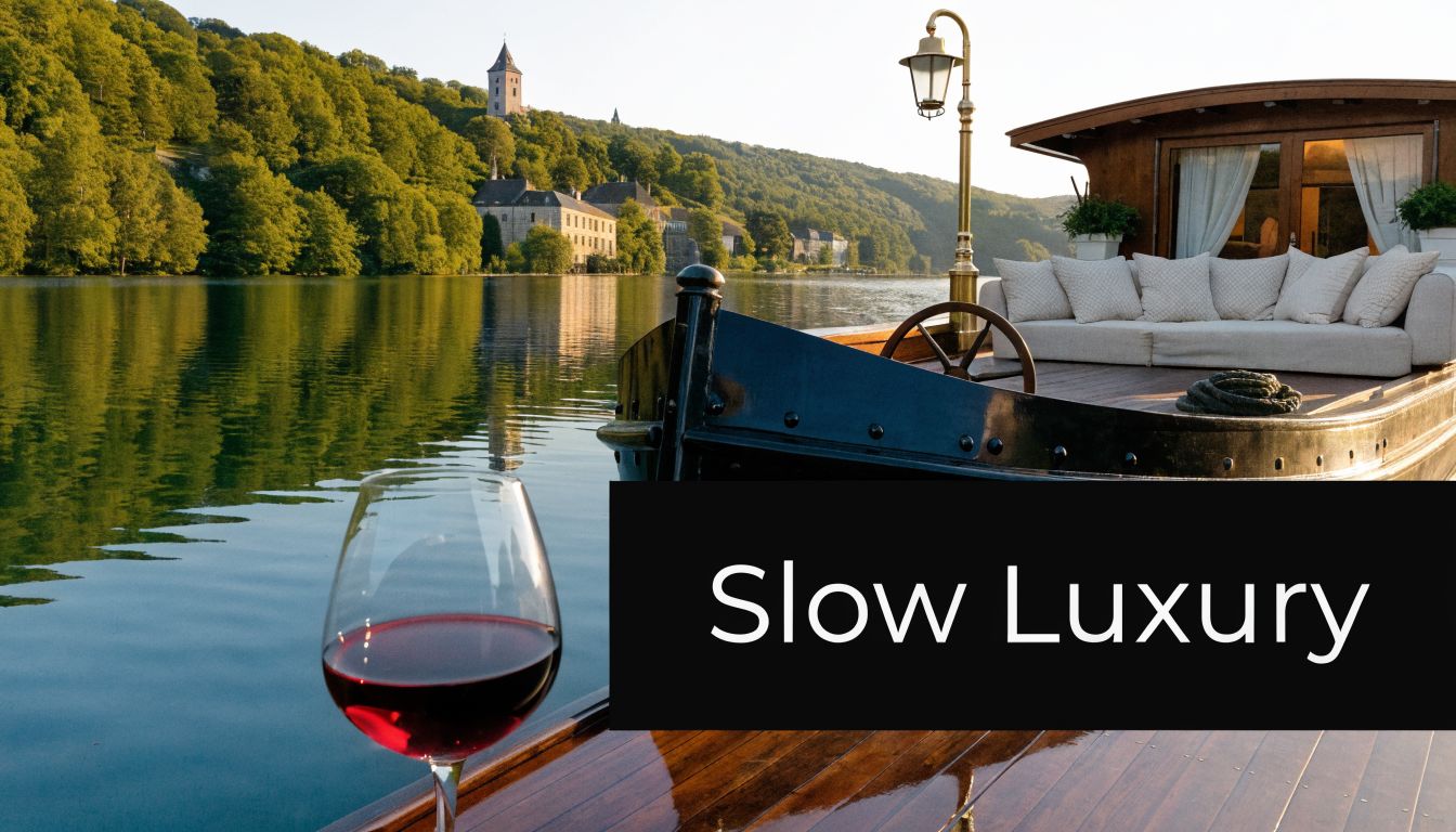 A glass of red wine sits on the deck of a luxury barge on a scenic river.