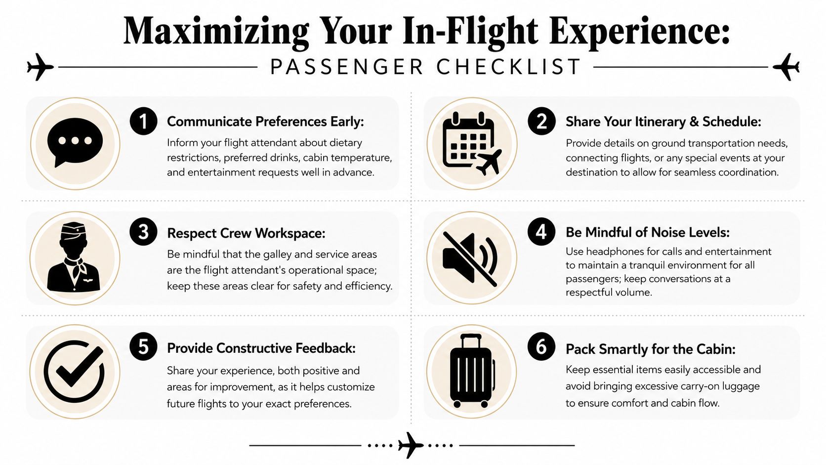 An infographic titled Maximizing Your In-Flight Experience featuring a numbered checklist for passengers on private flights.