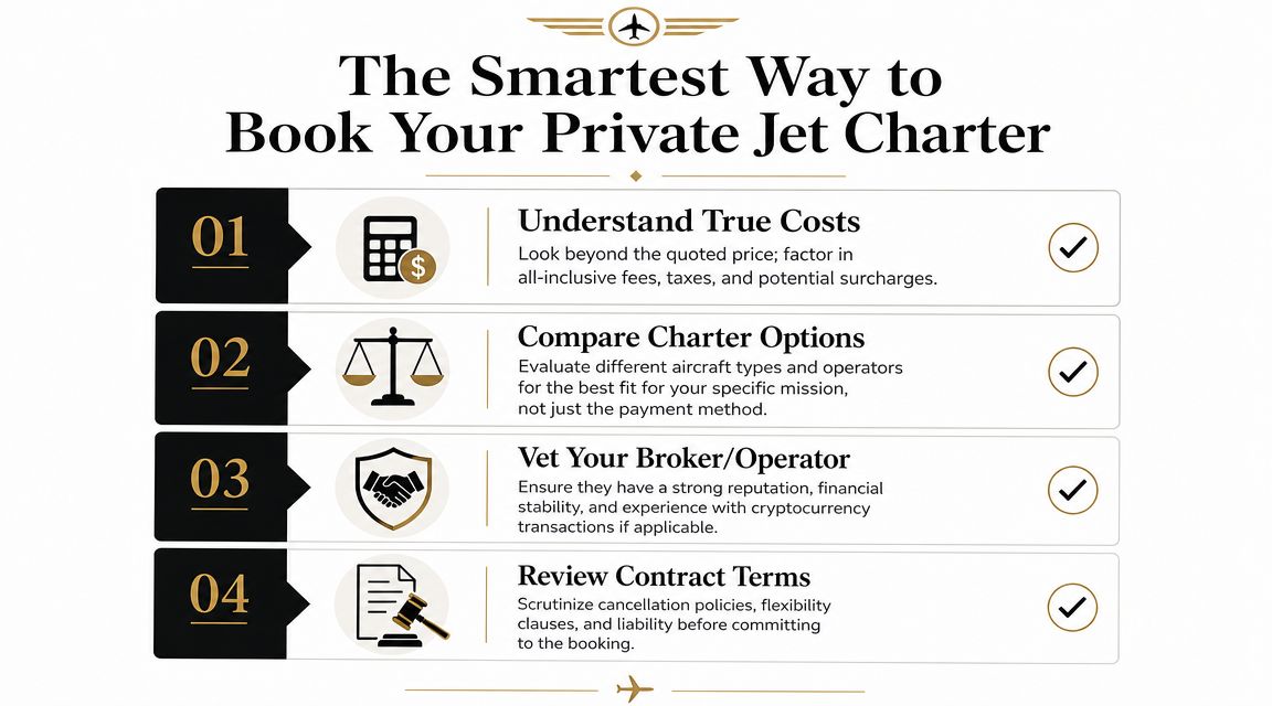 A guide infographic outlining four key steps to booking a private jet charter efficiently and securely.
