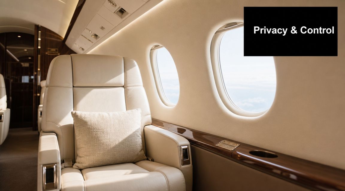 A luxurious cream leather seat inside a private jet cabin featuring large windows overlooking the sky.