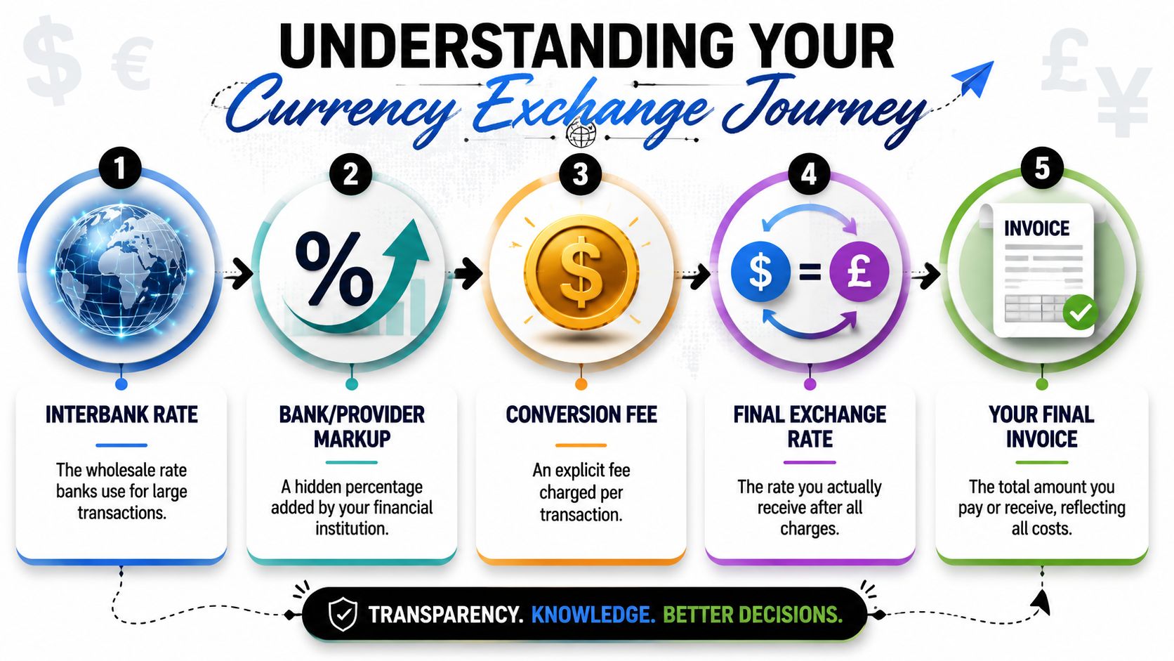 A five-step infographic illustrating the currency exchange journey from the interbank rate to the final invoice.