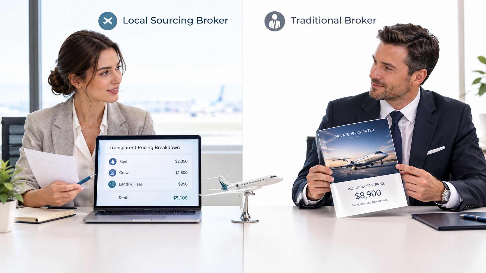 A split-screen comparison between a local sourcing broker and a traditional broker showing different pricing structures.