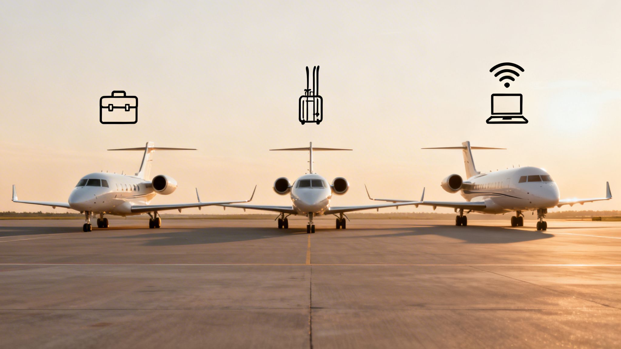 Three private jets on an airfield at sunset, featuring icons for business, ski travel, and internet connectivity.
