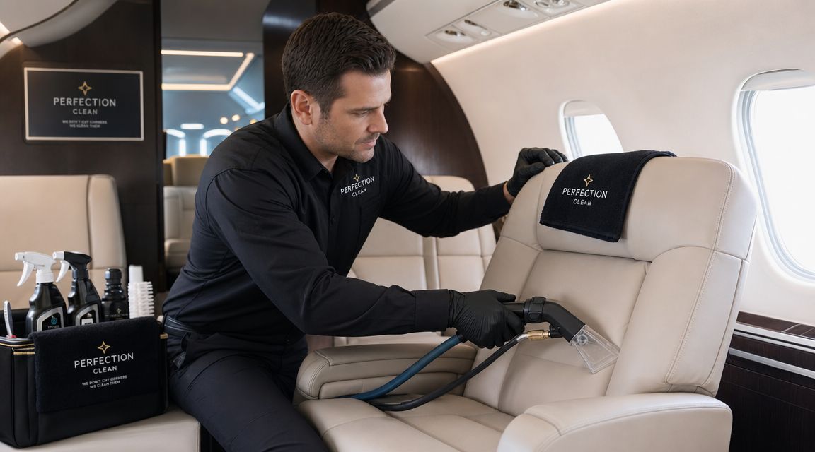 A professional cleaner in black uniform uses a vacuum tool to clean a luxury private jet leather seat.