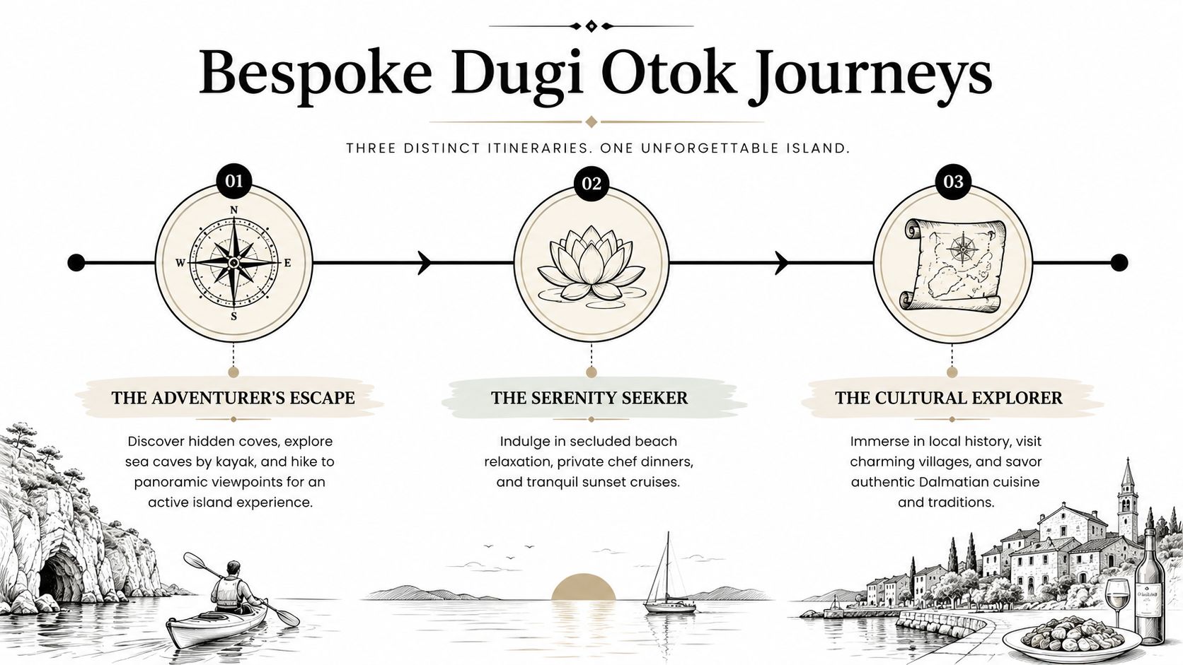 A travel itinerary graphic titled Bespoke Dugi Otok Journeys showcasing three distinct vacation themes for visitors.