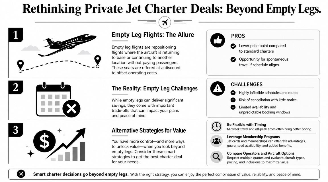 An infographic titled Rethinking Private Jet Charter Deals highlighting the pros, cons, and alternatives to empty leg flights.
