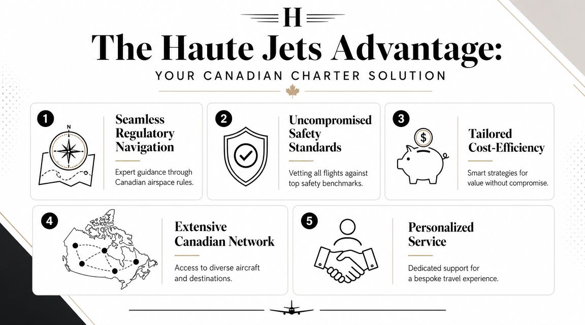 An infographic titled The Haute Jets Advantage highlighting five key benefits of Canadian private jet charter services.